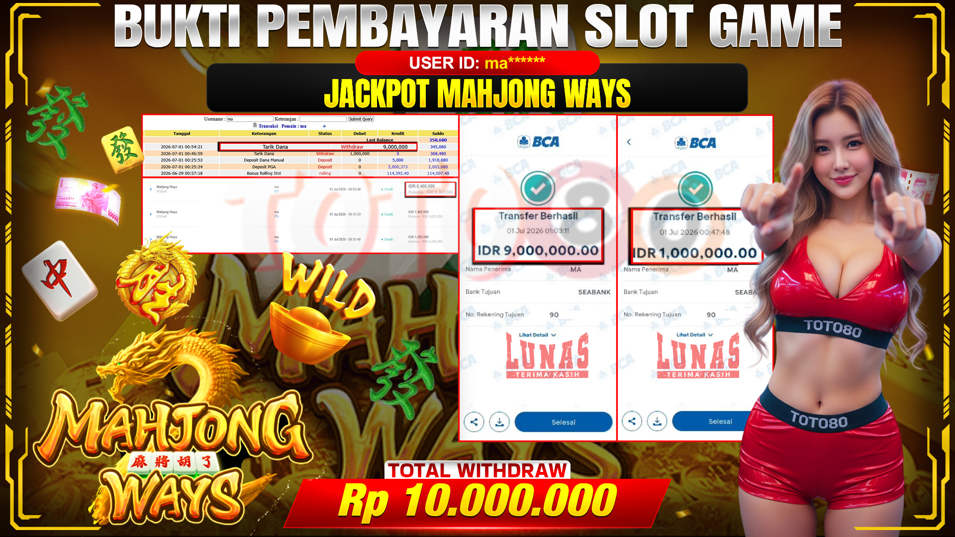 💰🎉 TOTO80 – JACKPOT SLOT MAHJONG  WAYS  RP. 10.000,000,-   TELAH DIBAYARKAN!💰🎉