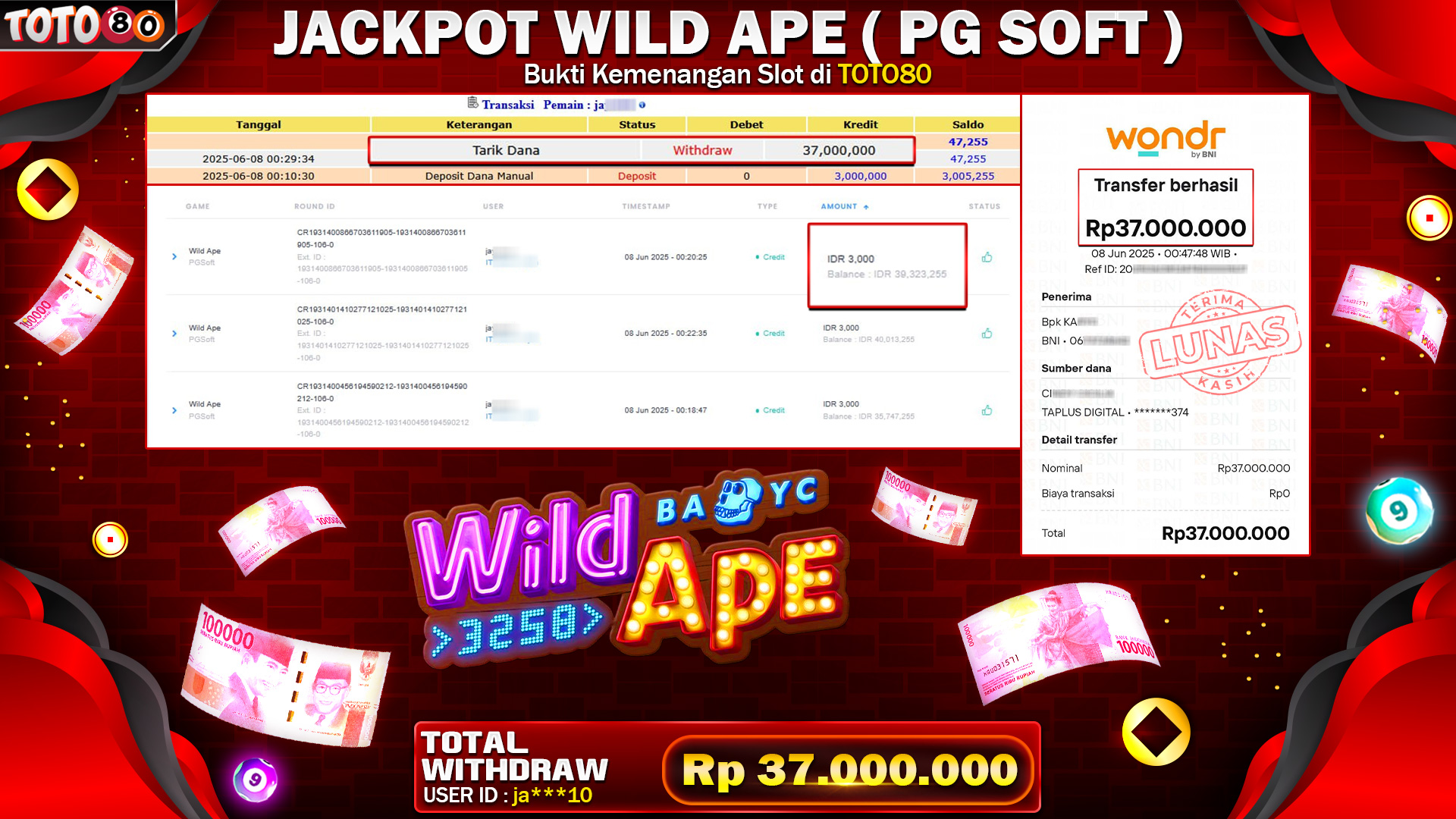 🎉 TOTO80 – JACKPOT SLOT WILD APE PG SOFT  RP.37,000,000,- TELAH DIBAYARKAN!🎉