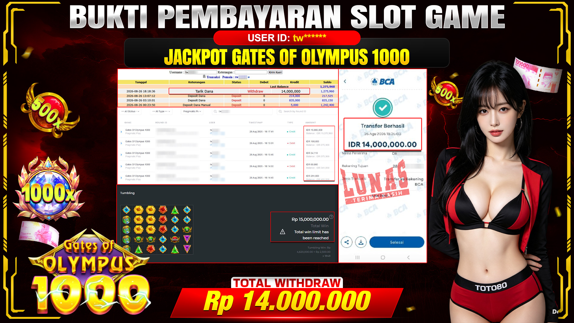 💰🎉 TOTO80 – JACKPOT SLOT GATES OF OLYMPUS 1000 RP. 14,000,000,-  TELAH DIBAYARKAN!💰🎉