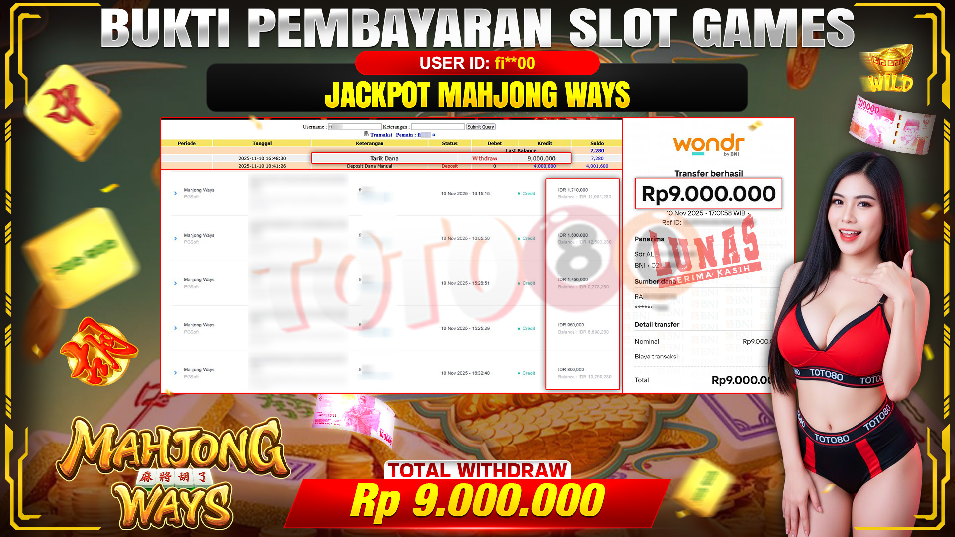 🎉 TOTO80 – JACKPOT SLOT MAHJONG WAYS RP.9.000.000,- TELAH DIBAYARKAN! 🎉