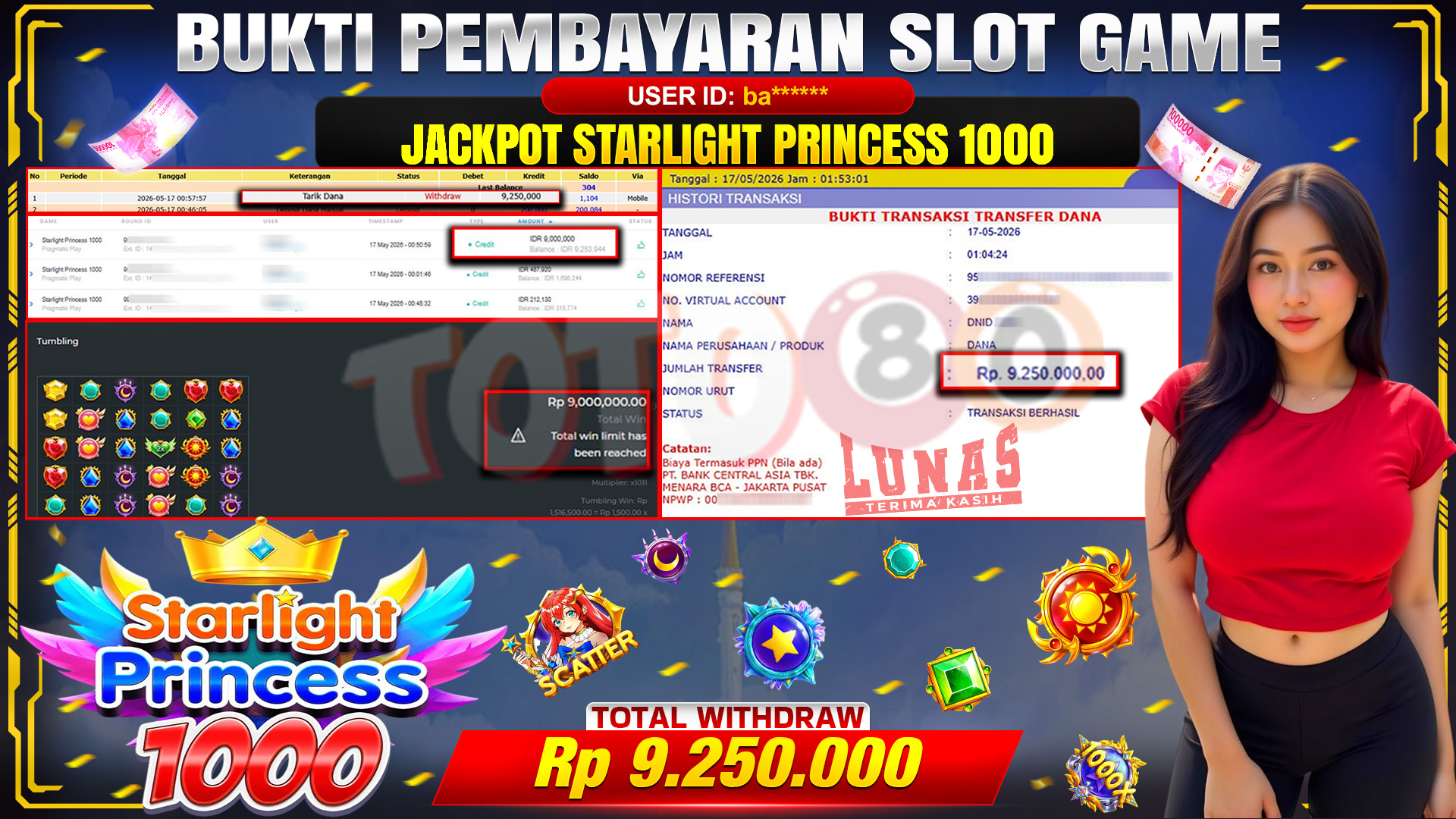💰🎉 TOTO80 – JACKPOT SLOT STARLIGHT PRINCES 1000 RP. 9,250,000,-  TELAH DIBAYARKAN! 💰🎉