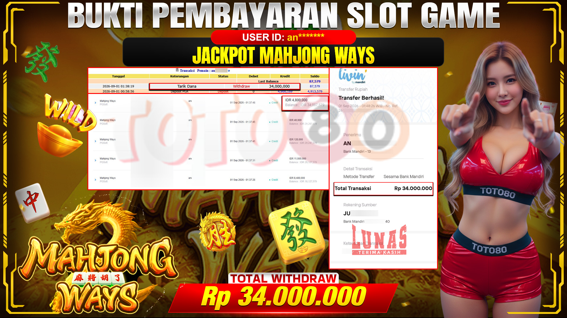 💰🎉 TOTO80 – JACKPOT SLOT MAHJONG  WAYS  RP. 34,000,000,-  TELAH DIBAYARKAN!💰🎉