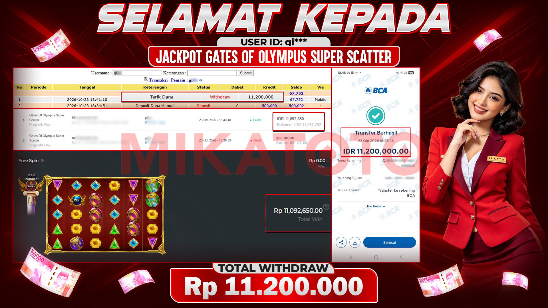 🏆 SELAMAT KEPADA PEMENANG JACKPOT DI Gates Of Olympus Super Scatter Pragmatic Play 11,200,000🏆