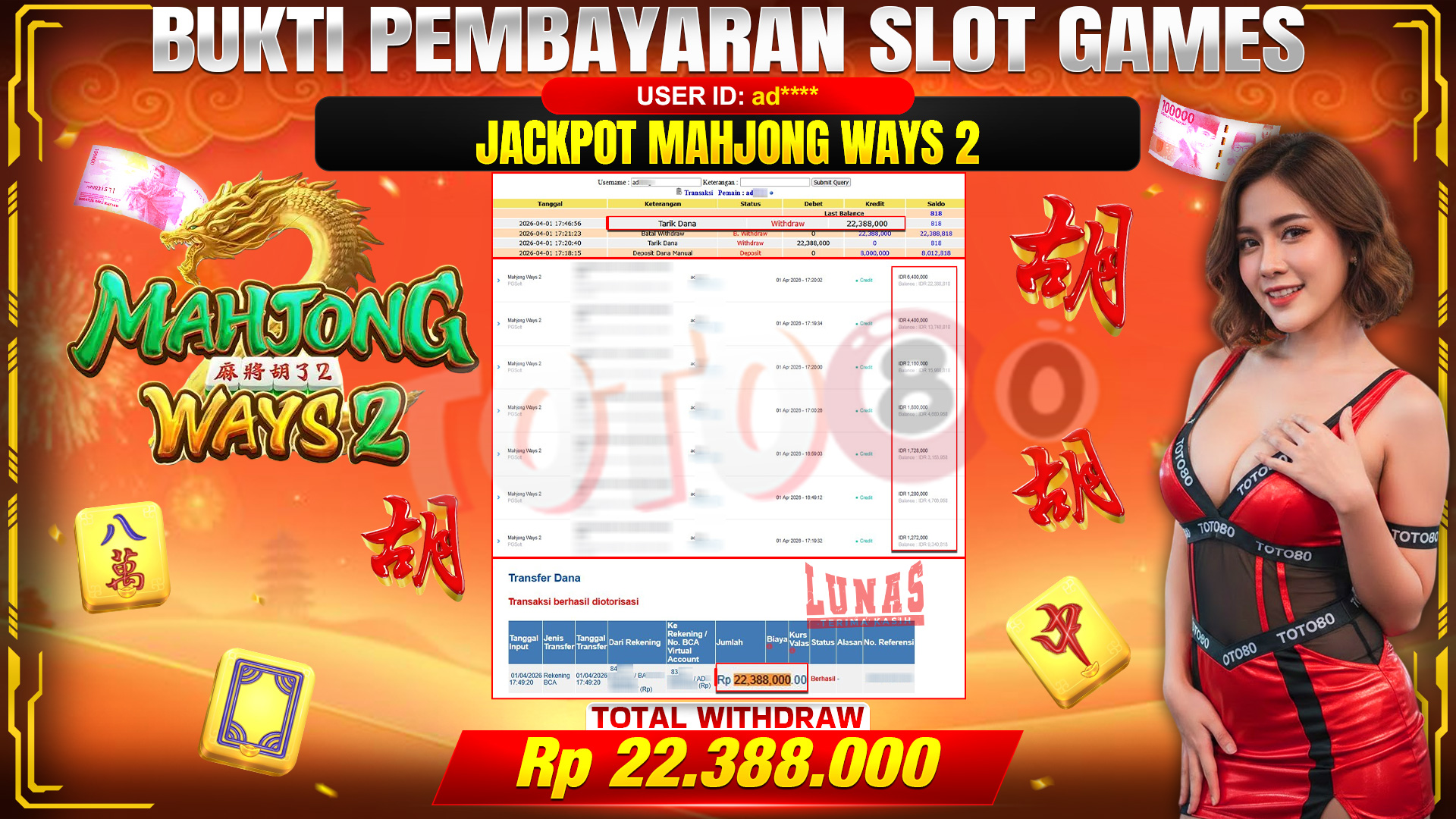 💰🎉 TOTO80 – JACKPOT SLOT MAHJONG WAYS 2 RP. 22,388,000,- TELAH DIBAYARKAN!💰🎉