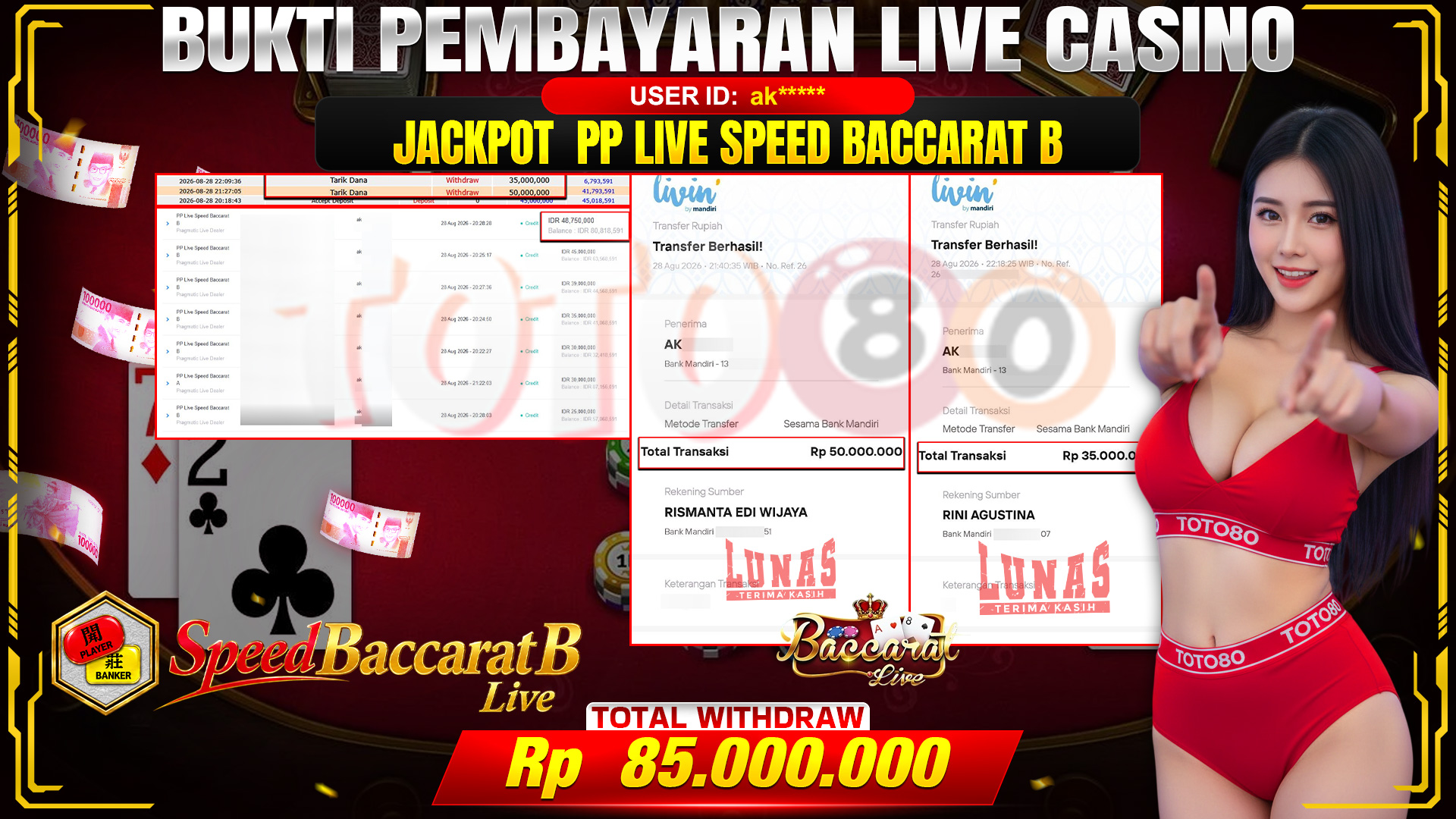 💰🎉 TOTO80 – JACKPOT SPEED BACCARAT B RP. 85,000,000,- TELAH DIBAYARKAN!💰🎉