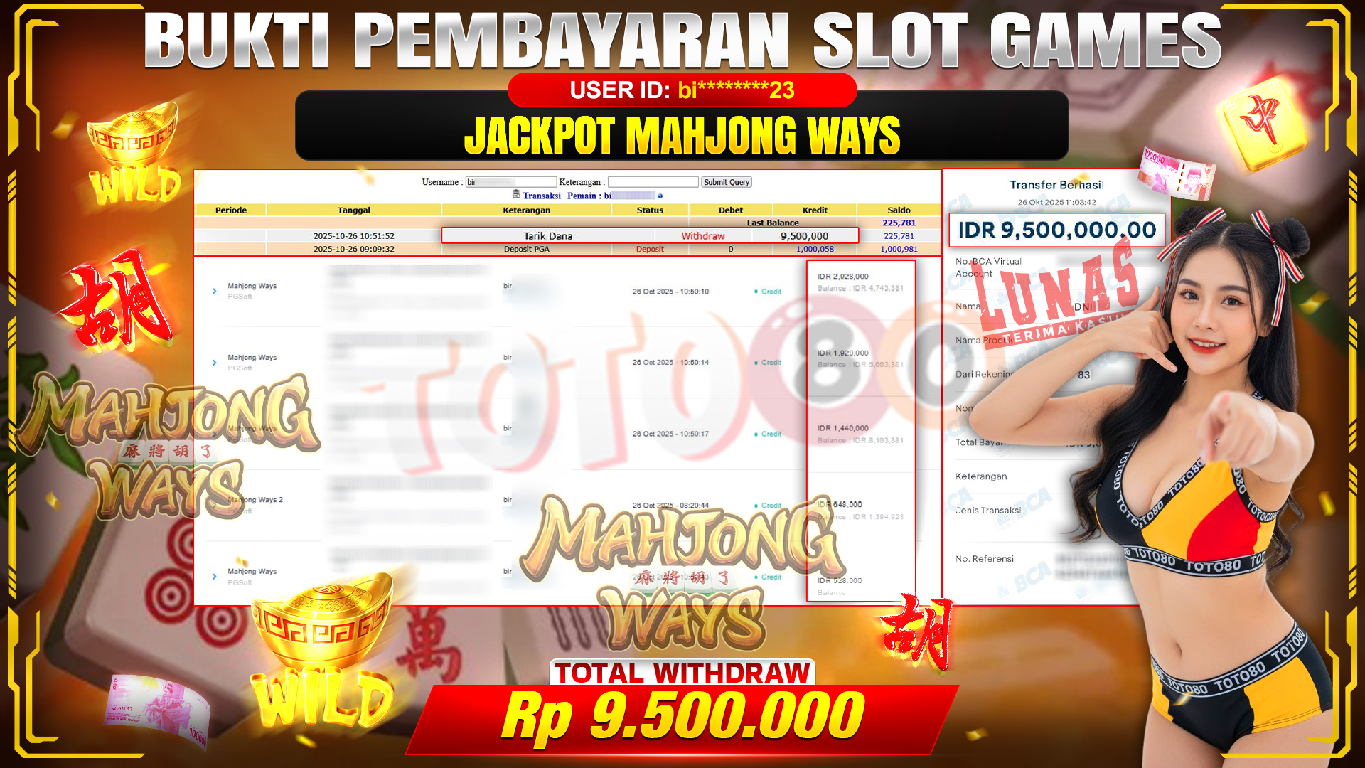 🎉 TOTO80 – JACKPOT SLOT MAHJONG WAYS RP.9.500.000,- TELAH DIBAYARKAN! 🎉