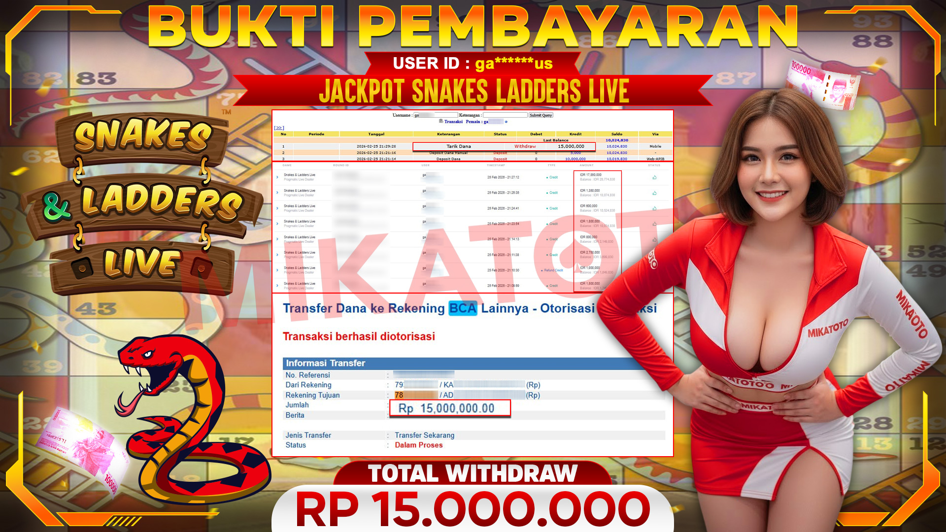 🏆 SELAMAT KEPADA PEMENANG JACKPOT DI SNAKES LADDERS LIVE - Pragmatic Live Dealer 15,000.000🏆