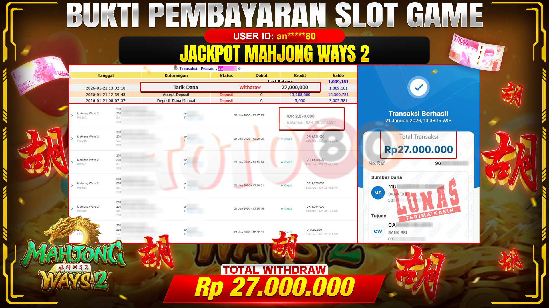 🎉 TOTO80 – JACKPOT SLOT MAHJONG WAYS 2 RP. 27,000,000,- TELAH DIBAYARKAN! 🎉