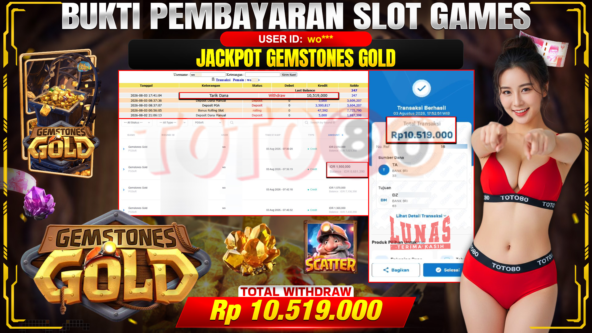 💰🎉 TOTO80 – JACKPOT SLOT GEMSTONES GOLD RP. 10,519,000,-  TELAH DIBAYARKAN!💰🎉
