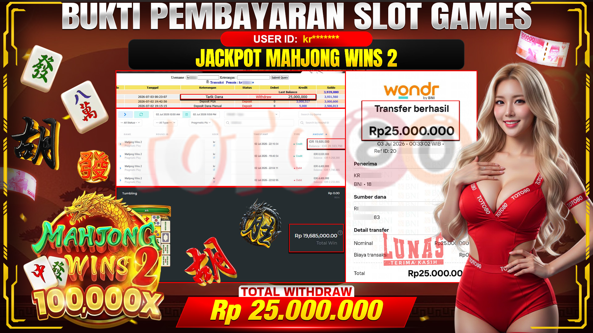 💰🎉 TOTO80 – JACKPOT SLOT MAHJONG WINS 2 100,000X  RP. 25,000,000,- TELAH DIBAYARKAN!💰🎉