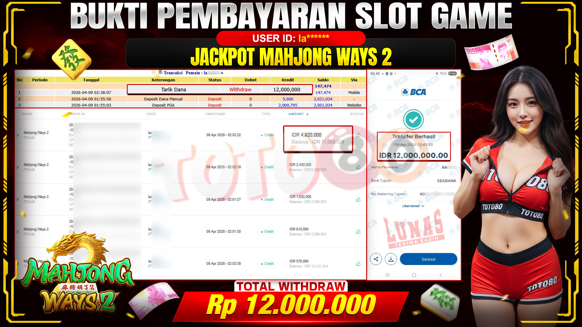 💰🎉 TOTO80 – JACKPOT SLOT MAHJONG WAYS 2 RP. 12,000,000,- TELAH DIBAYARKAN!💰🎉