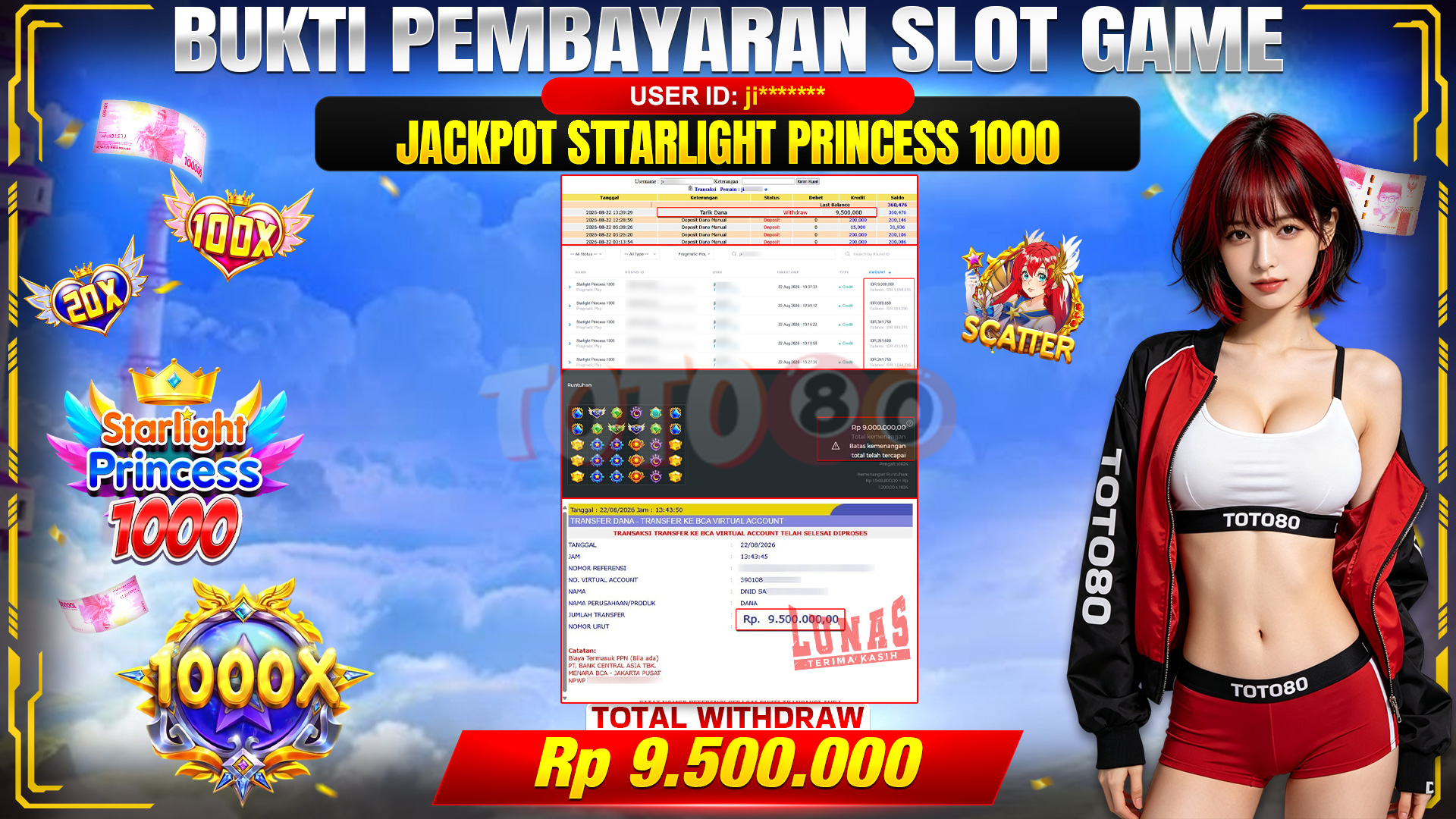 💰🎉 TOTO80 – JACKPOT SLOT STARLIGHT PRINCES 1000 RP. 9,500,000,-  TELAH DIBAYARKAN! 💰🎉