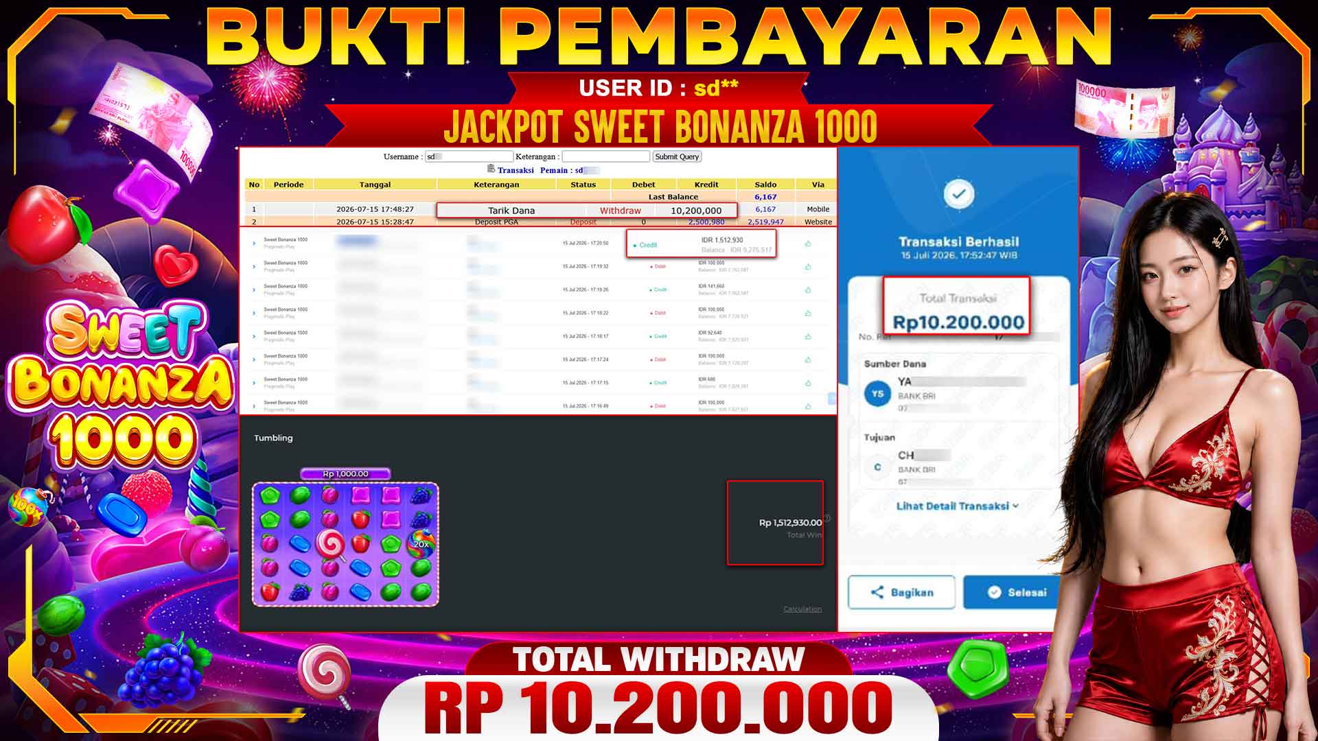 🏆 SELAMAT KEPADA PEMENANG JACKPOT DI Sweet Bonanza 1000 - Pragmatic Play 10,200,000🏆