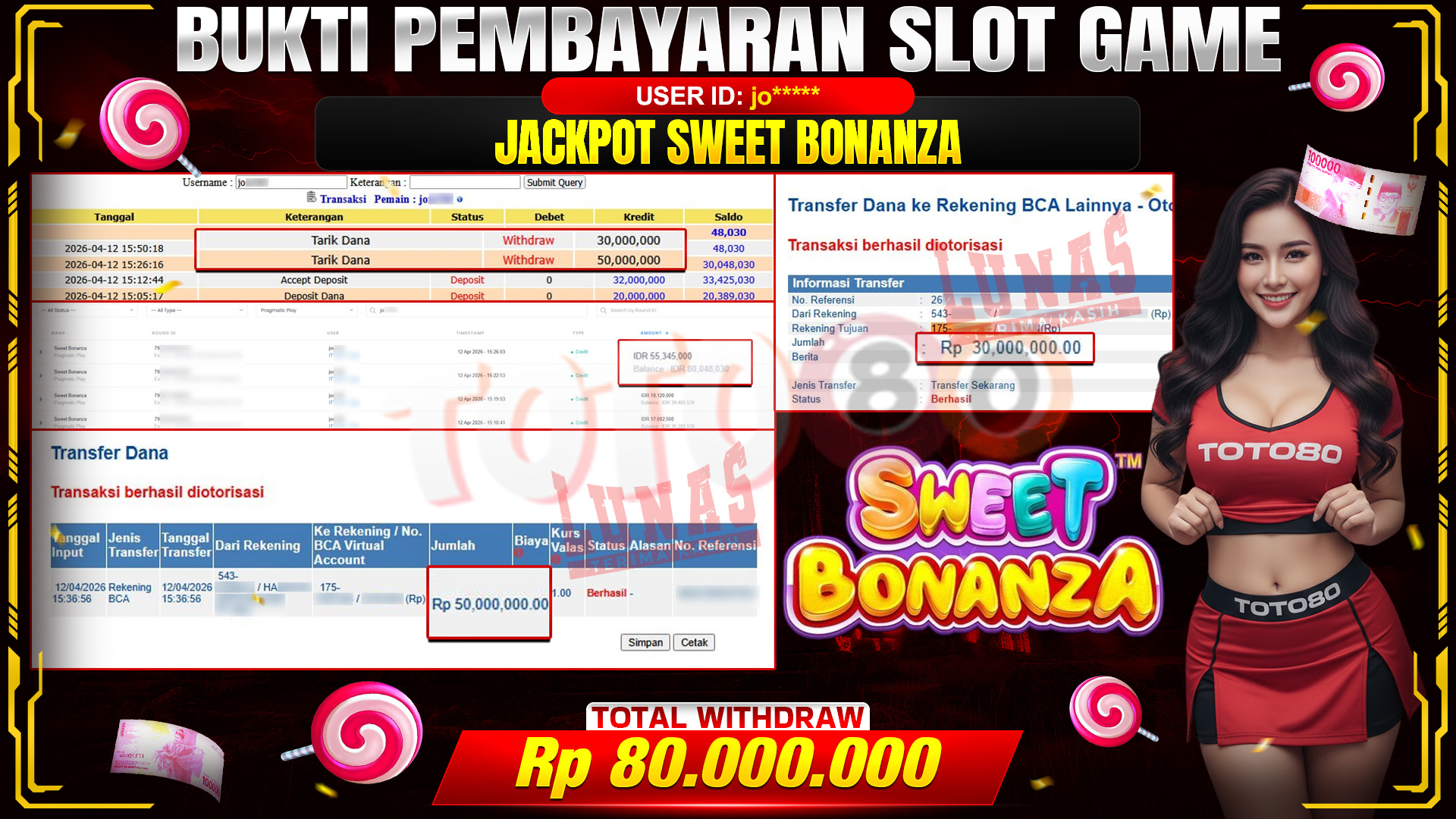 💰🎉 TOTO80 – JACKPOT SLOT SWEET BONANZA  RP. 80,000,000,- TELAH DIBAYARKAN!💰🎉