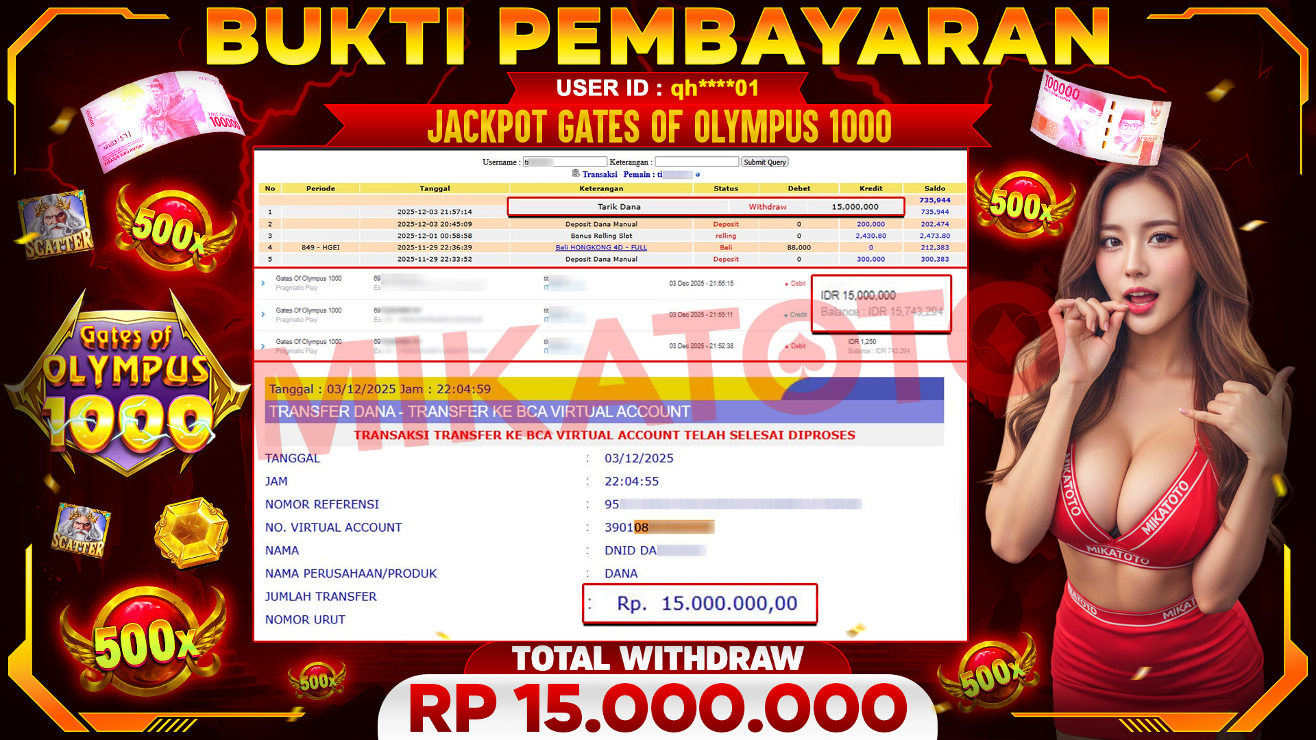 SELAMAT KEPADA PEMENANG JACKPOT DI Gates Of Olympus 1000 - Pragmatic Play 15,000,000🏆