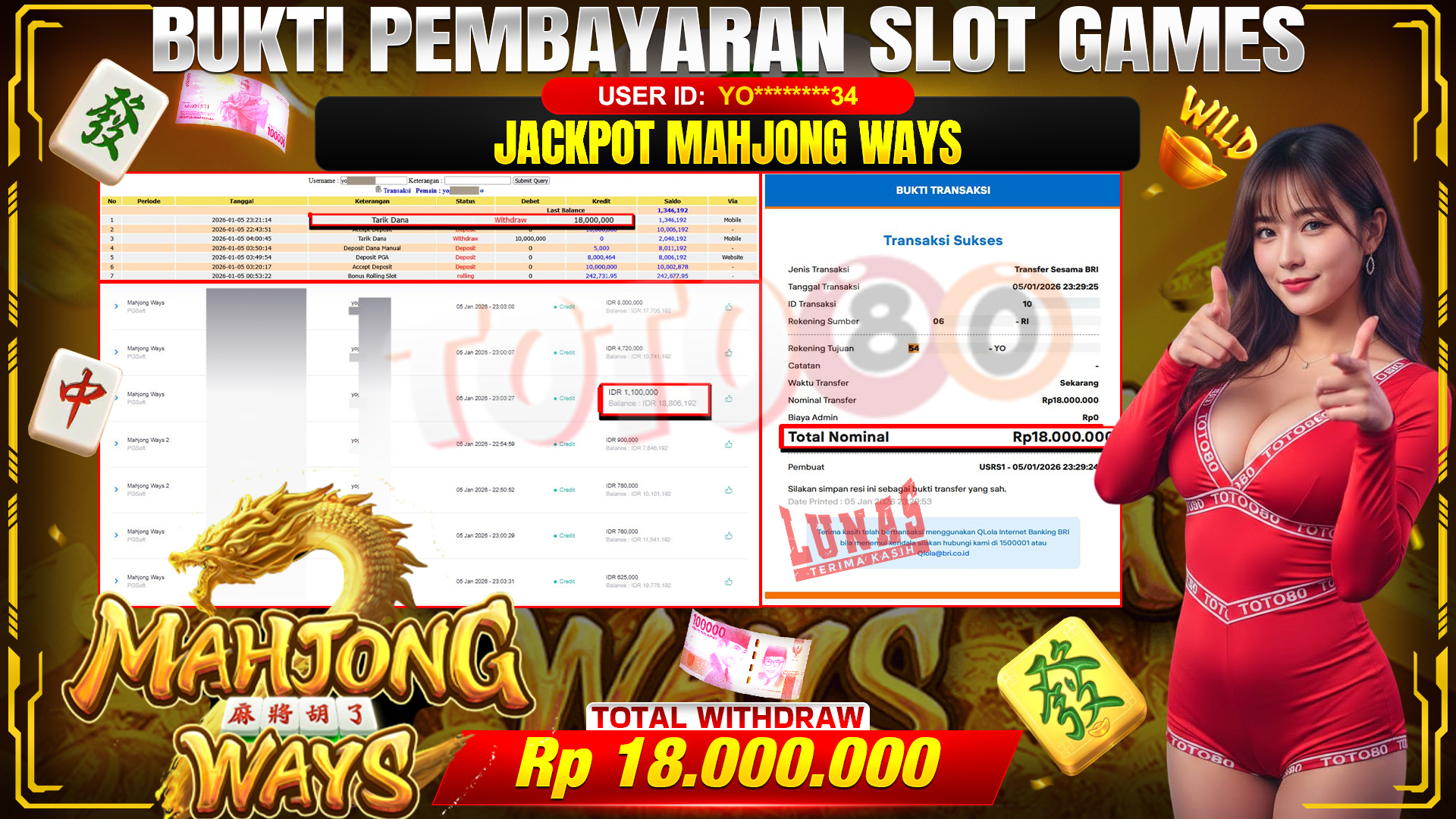 🎉 TOTO80 – JACKPOT SLOT MAHJONG WAYS RP.18,000,000,- TELAH DIBAYARKAN! 🎉