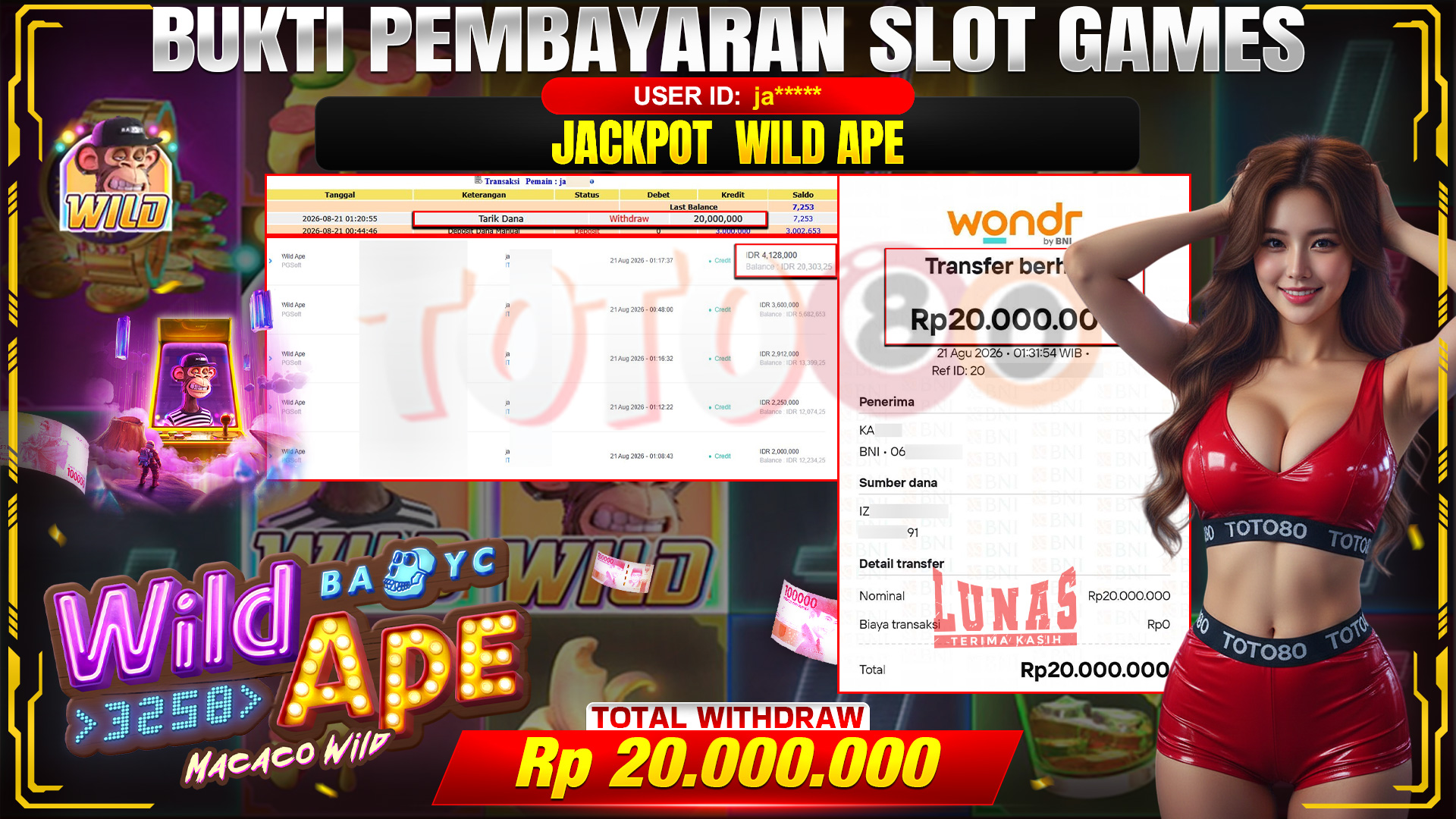 💰🎉 TOTO80 – JACKPOT SLOT WILD APE  RP. 20,000,000,- TELAH DIBAYARKAN!💰🎉