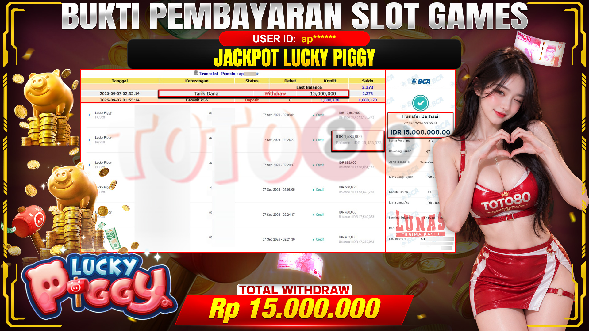 💰🎉  TOTO80 – JACKPOT SLOT LUCKY PIGGY RP. 15,000,000,- TELAH DIBAYARKAN! 💰🎉 