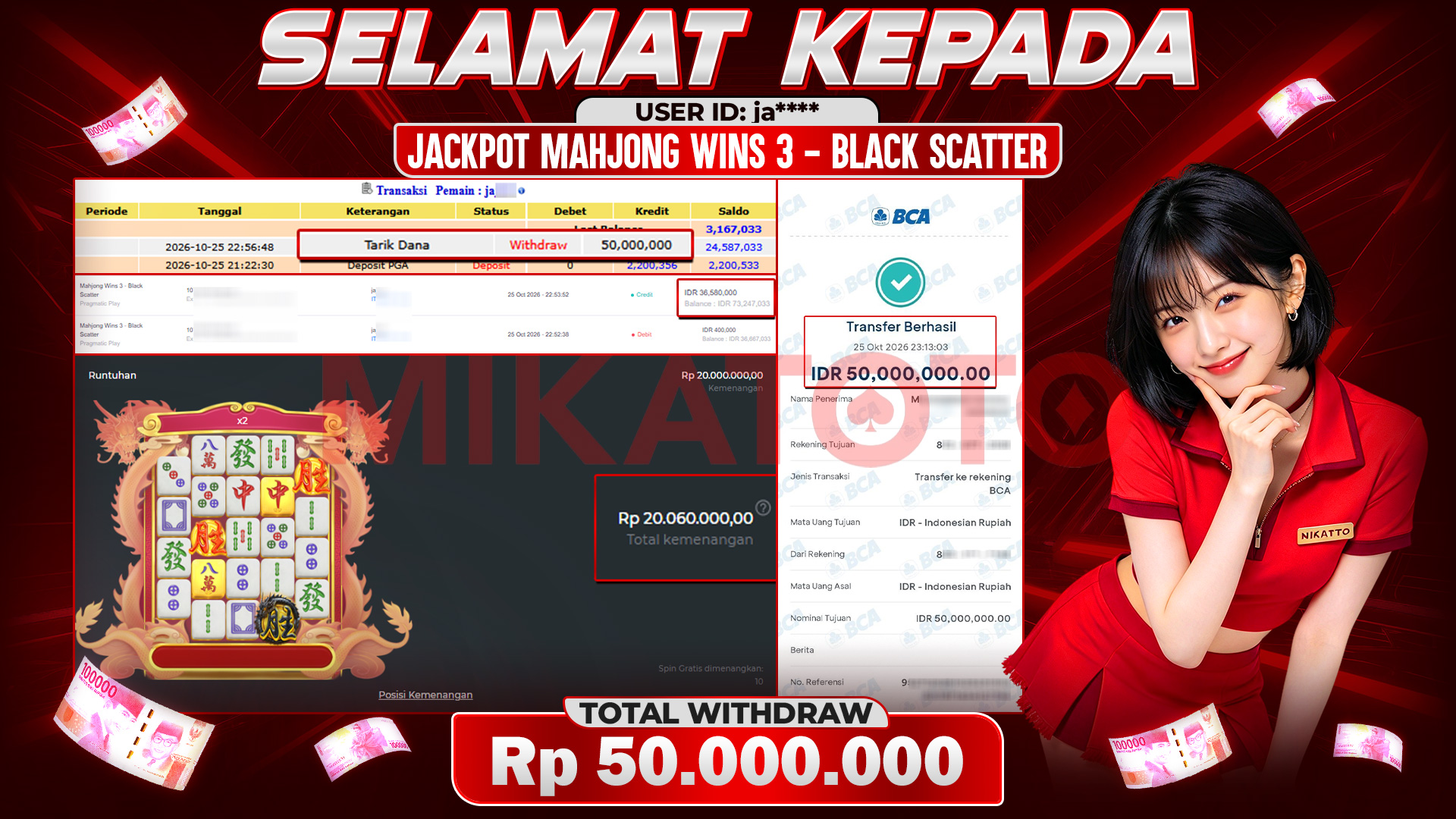 🏆 SELAMAT KEPADA PEMENANG JACKPOT DI Mahjong Wins 3 - Black Scatter Pragmatic Play  50,000,000🏆