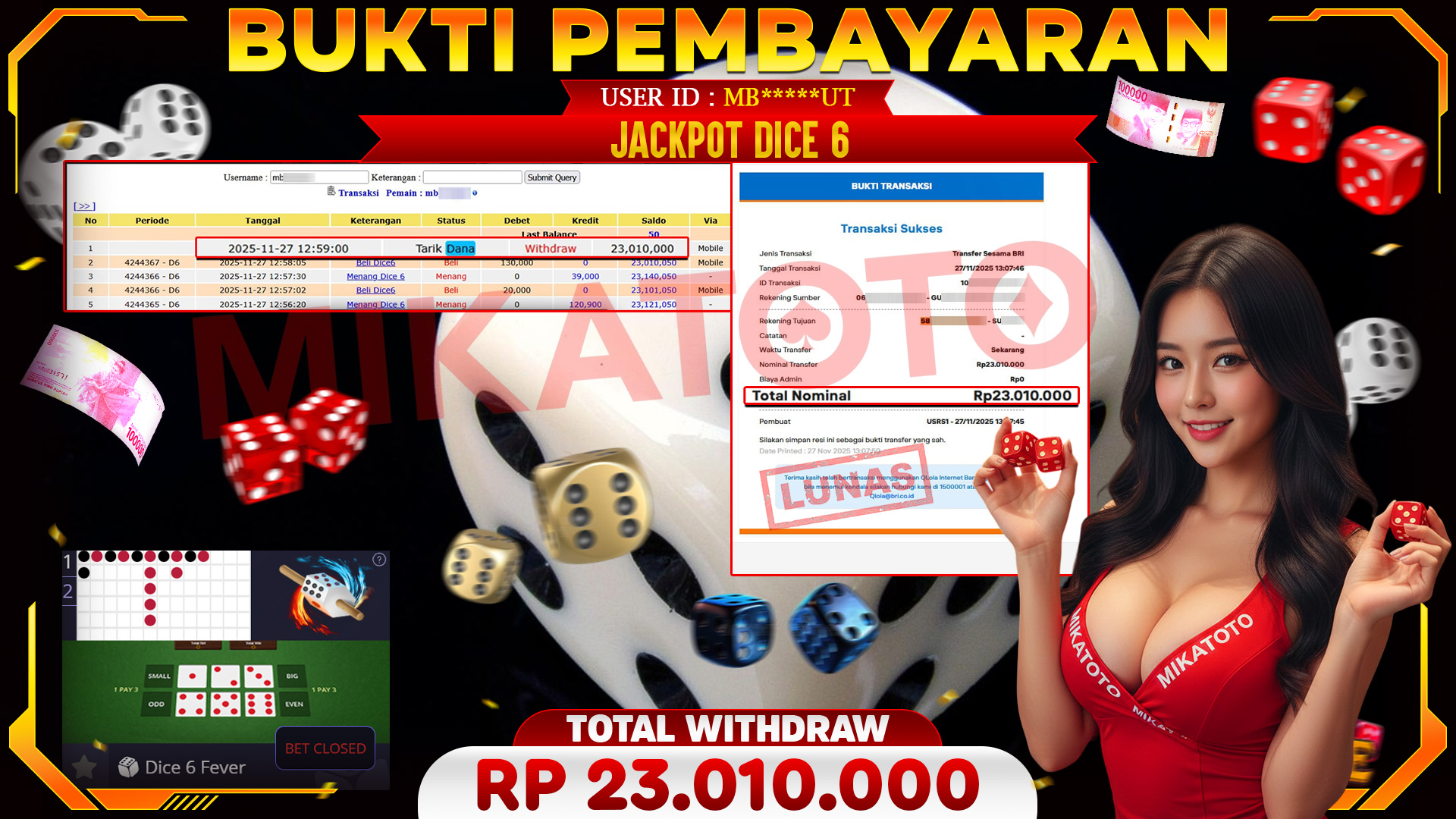 SELAMAT KEPADA PEMENANG JACKPOT DI dice 6 - Live Game 23,010,000🏆