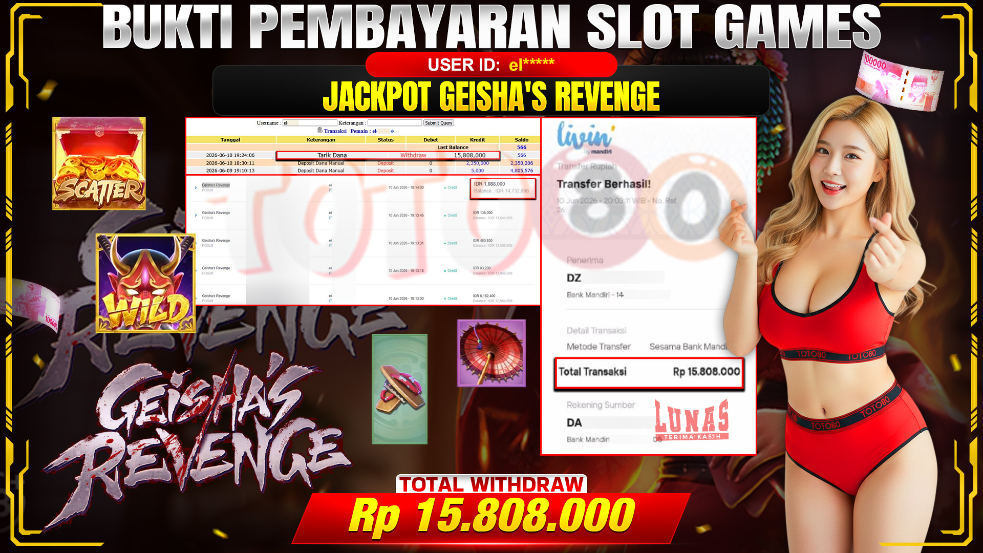 💰🎉 TOTO80 – JACKPOT GEISHA REVENGE . RP. 15,808,000,- TELAH DIBAYARKAN! 💰🎉