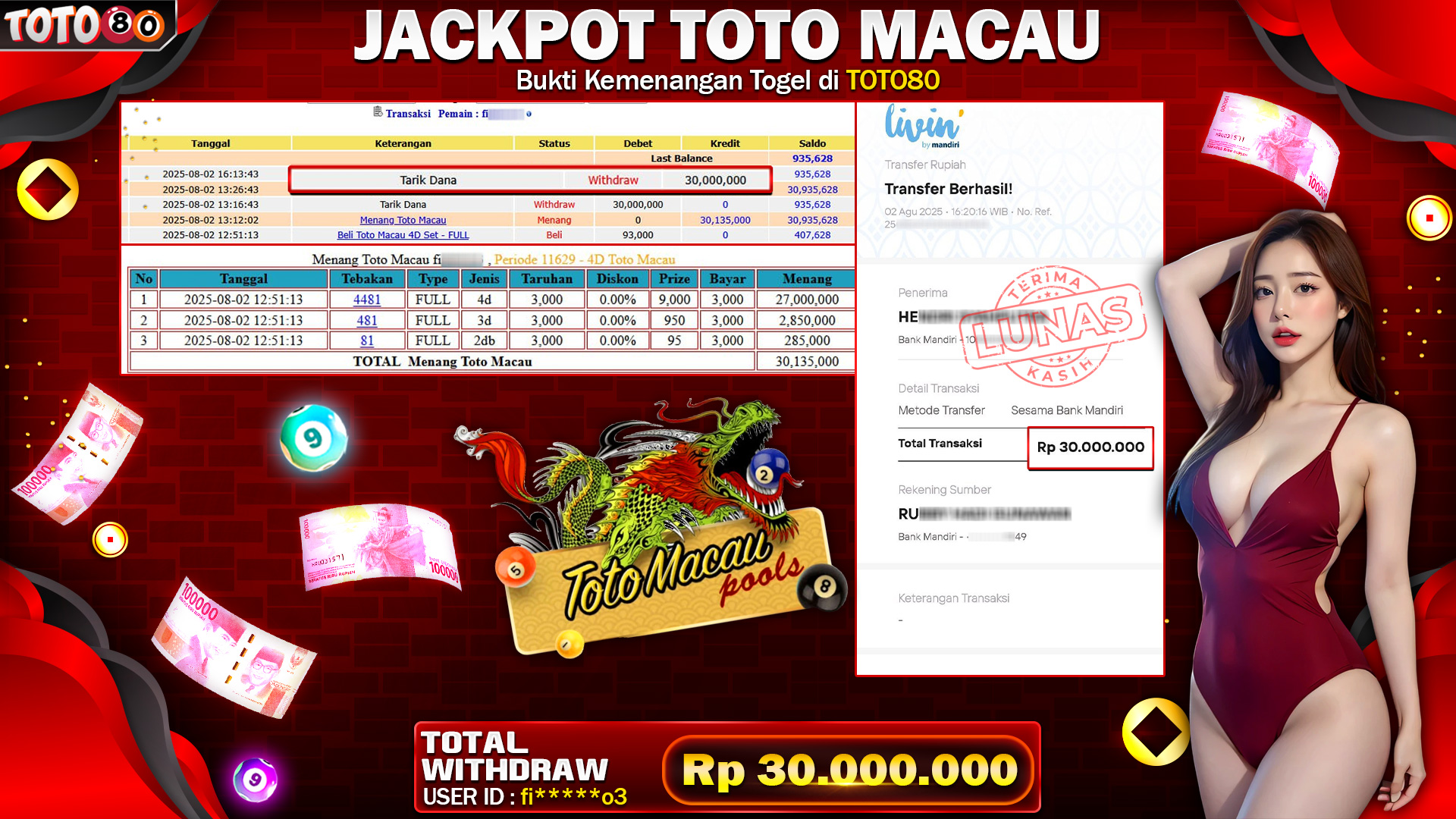 🎉 TOTO80 – JACKPOT TOTO MACAU RP.30,000,000,- TELAH DIBAYARKAN! 🎉