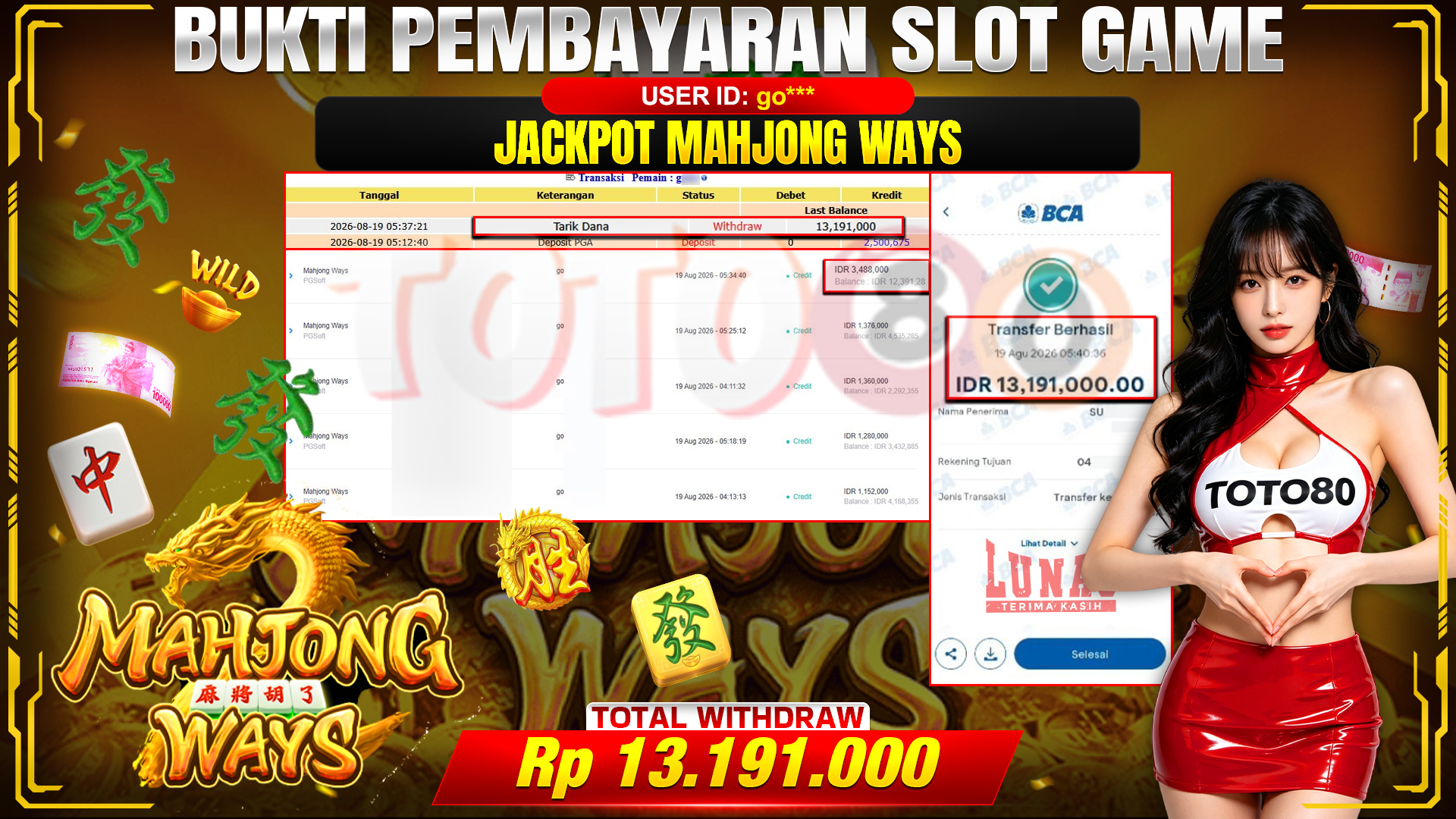 💰🎉 TOTO80 – JACKPOT SLOT MAHJONG  WAYS RP. 13,191,000,-  TELAH DIBAYARKAN!💰🎉