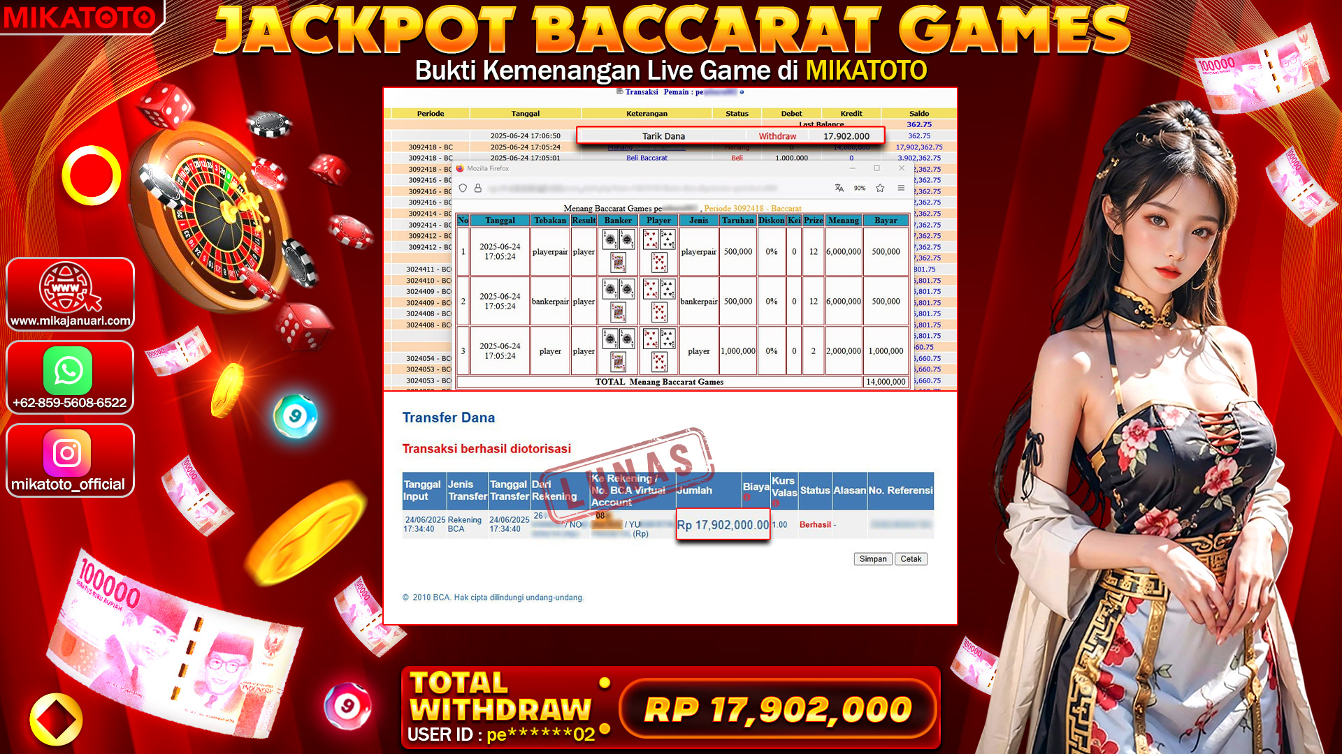 🏆 SELAMAT KEPADA PEMENANG JACKPOT DI BACCARAT GAME 17,902,000🏆