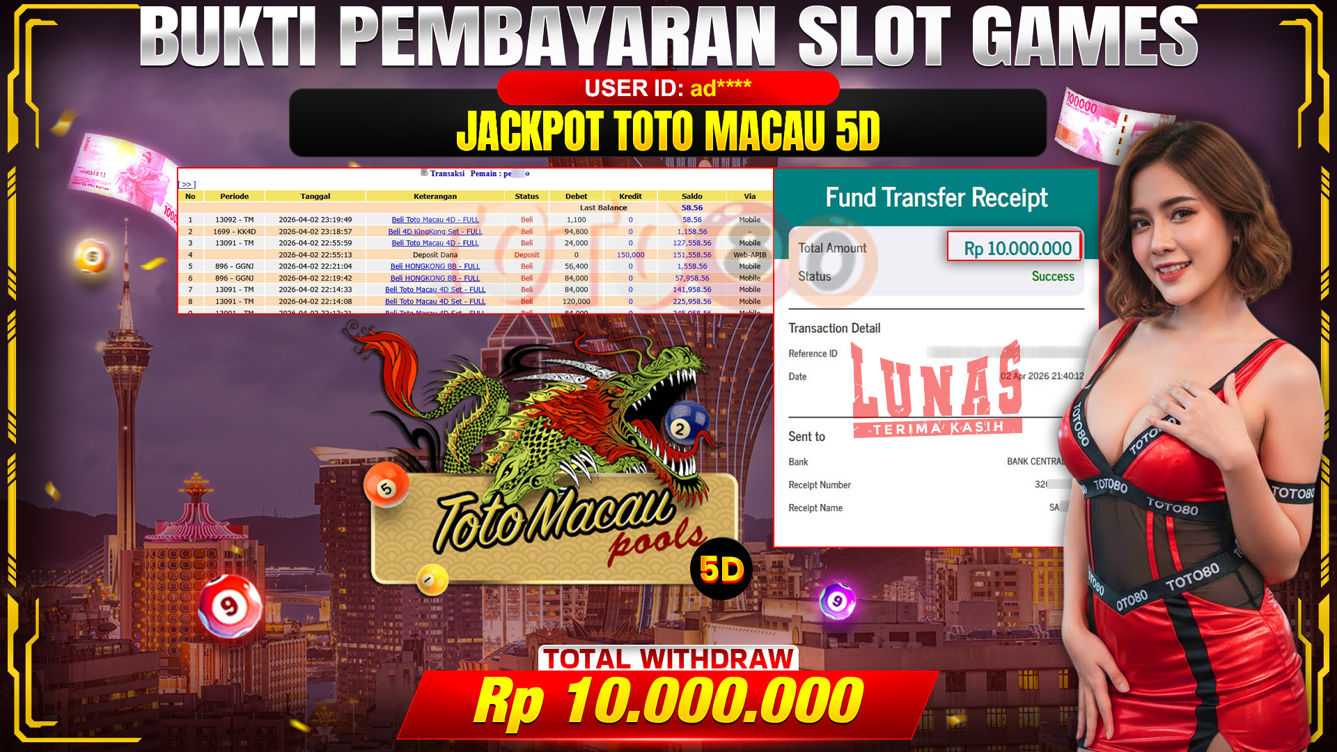 💰🎉 TOTO80 – JACKPOT TOGEL 5D TOTO MACAU  RP. 10,000,000,- TELAH DIBAYARKAN!💰🎉