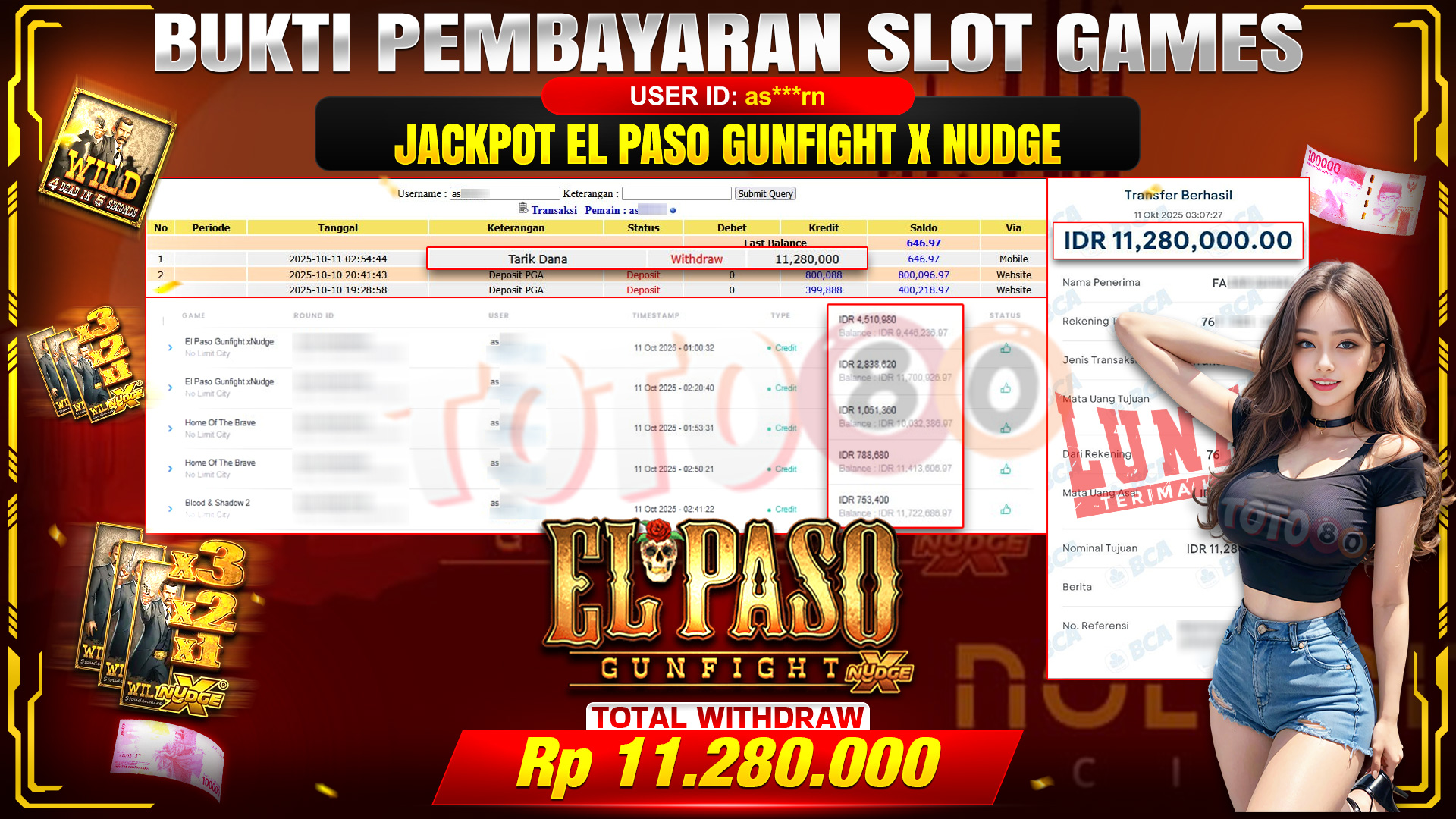 🎉 TOTO80 – JACKPOT SLOT EL PASO GUNFIGHT X NUDGE RP.11.280.000,- TELAH DIBAYARKAN! 🎉