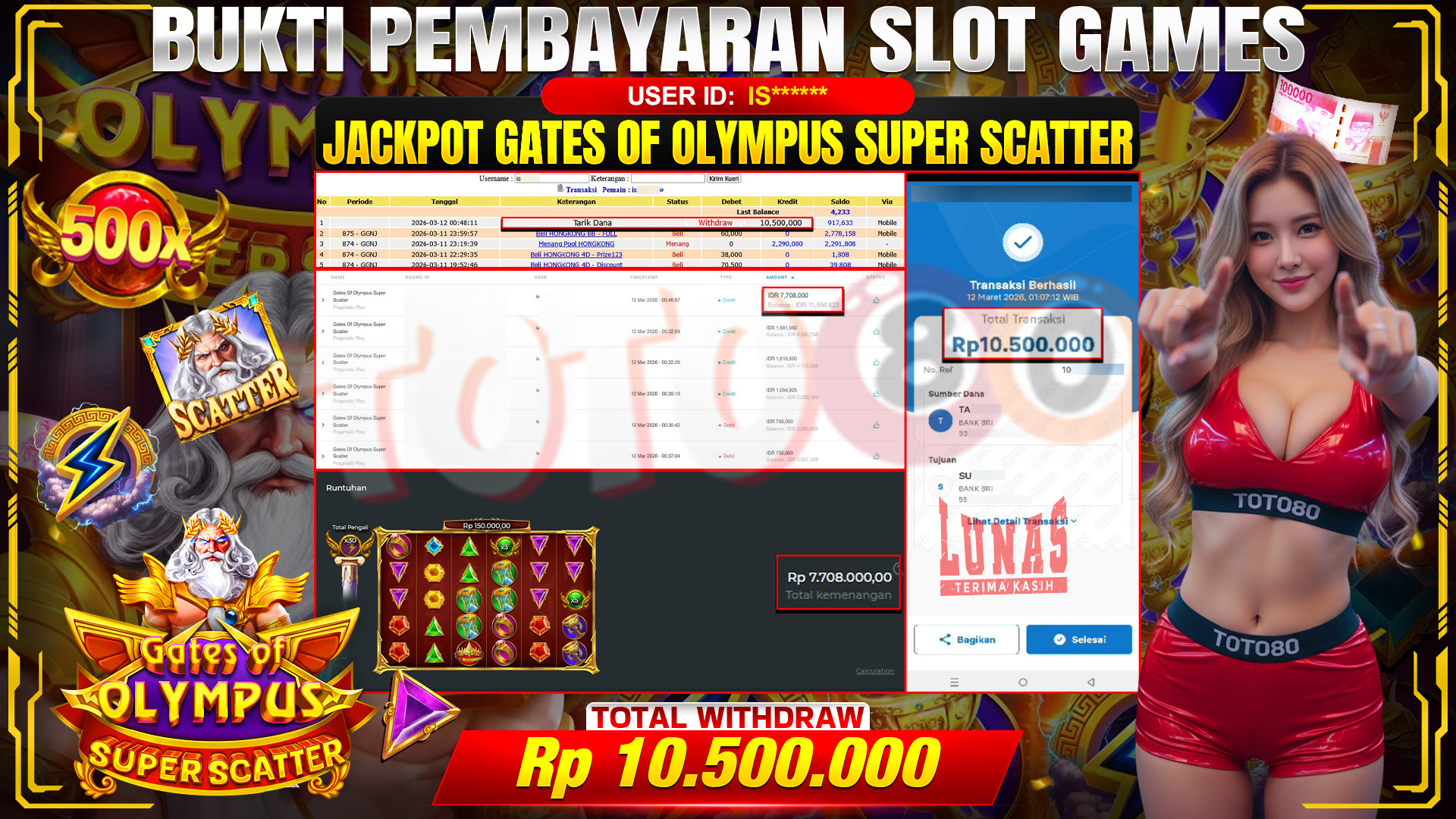 🎉💰 TOTO80 – JACKPOT SLOT GATES OF OLIMPUS SUPER SCATTER  RP. 10,500,000,- TELAH DIBAYARKAN! 🎉💰
