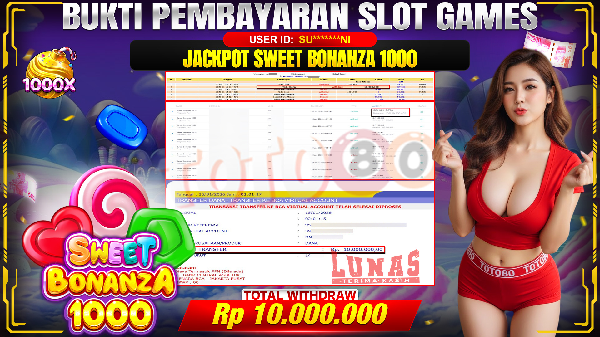 🎉 TOTO80 – JACKPOT SLOT SWEET BONANZA 1000 RP. 10,000,000,- TELAH DIBAYARKAN! 🎉