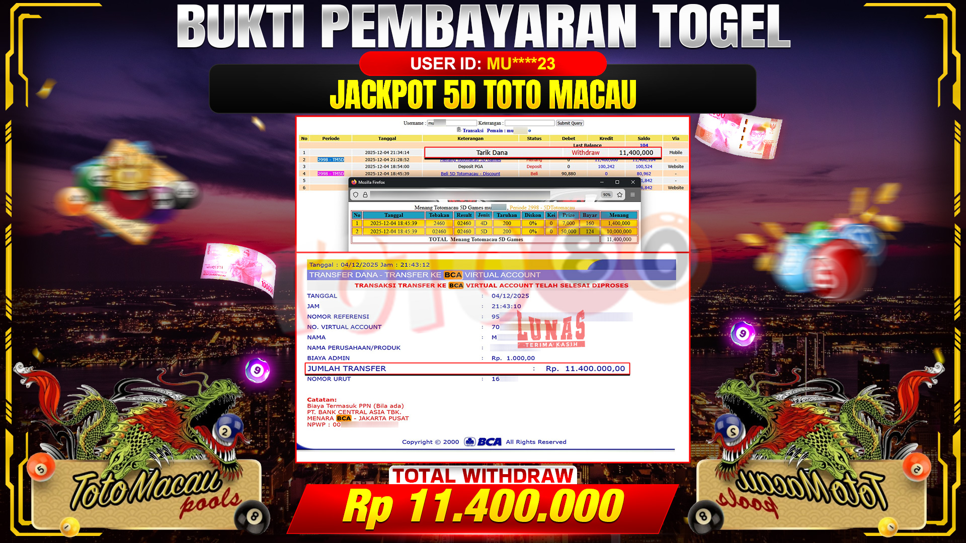 🎉 TOTO80 – JACKPOT TOGEL 5D TOTO MACAU RP. 11,400,000,- TELAH DIBAYARKAN! 🎉
