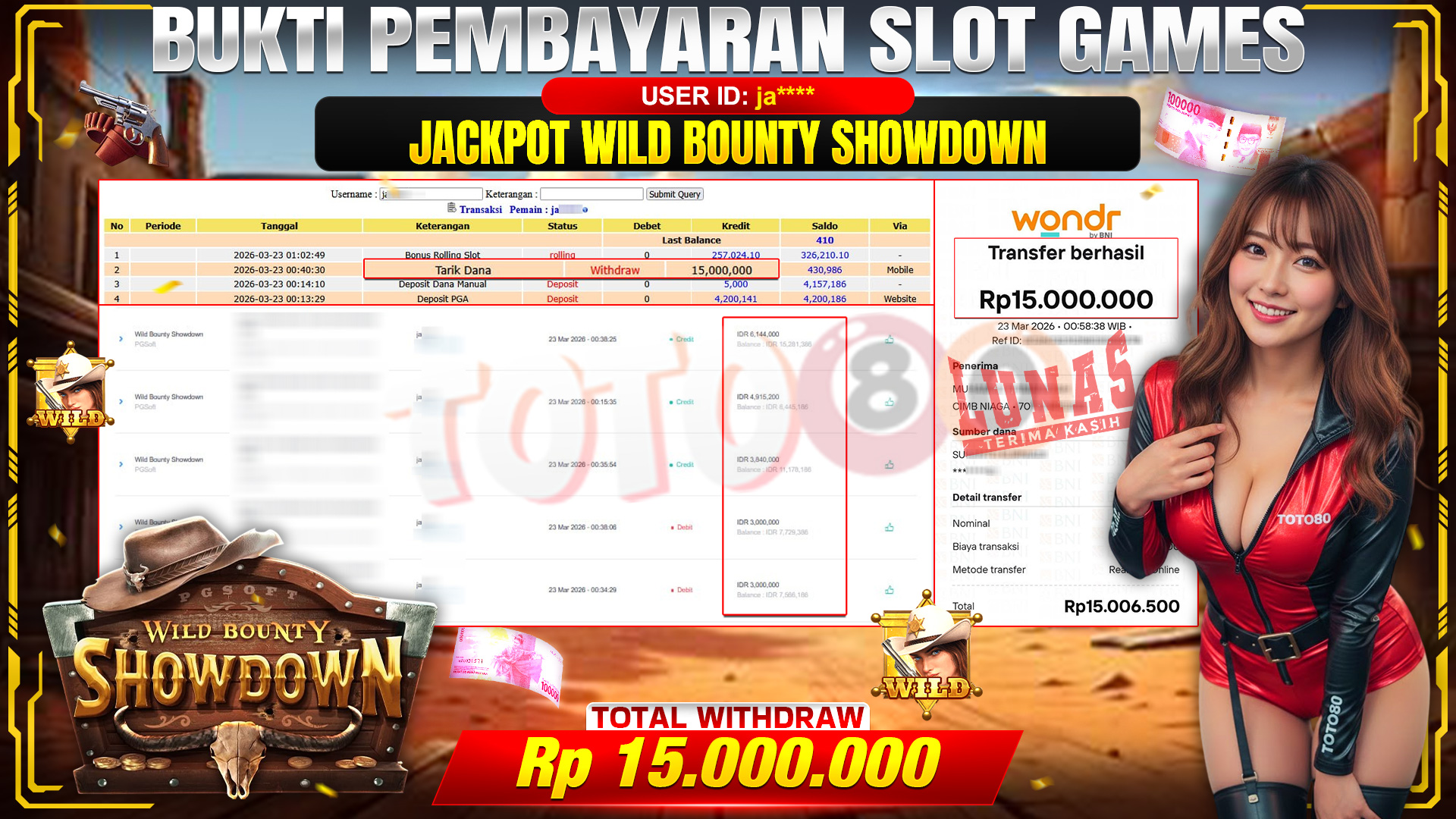 💰🎉TOTO80 – JACKPOT SLOT WILD BOUNTY SHOWDOWN  RP. 15,000,000,- TELAH DIBAYARKAN! 💰🎉