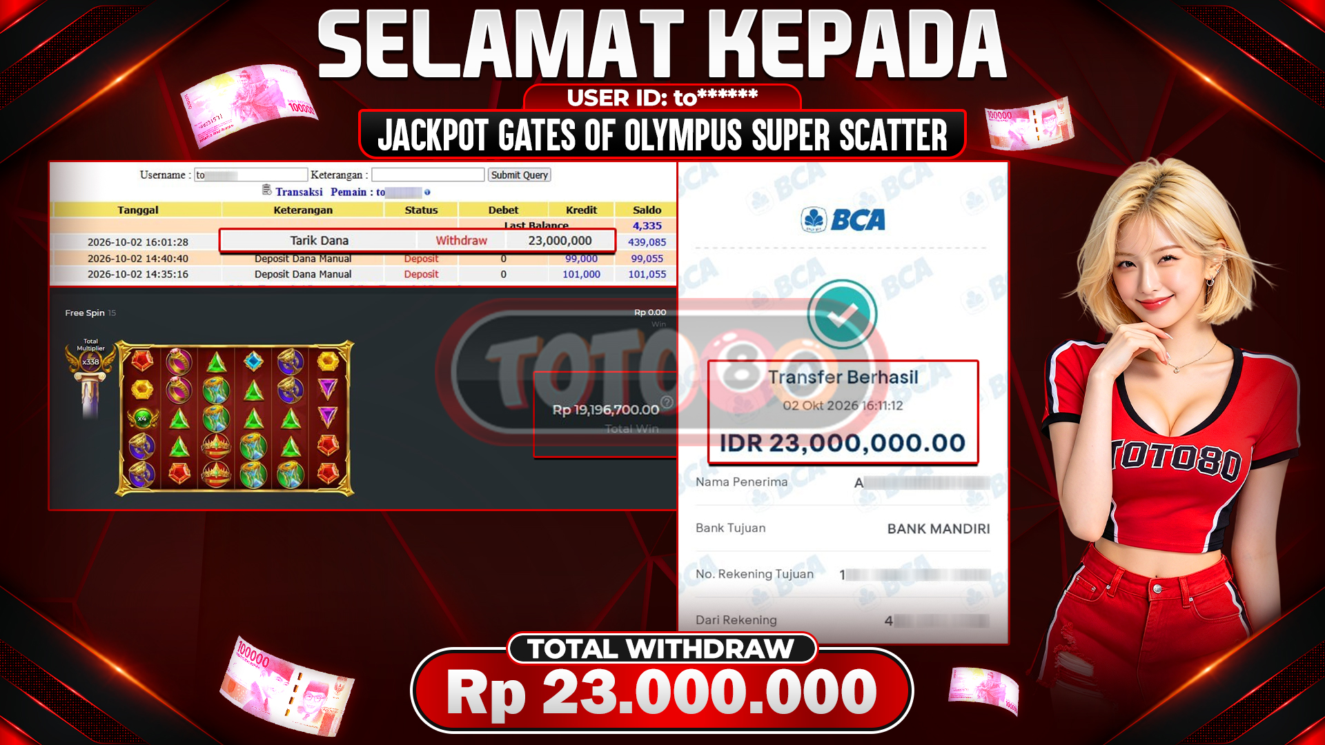 💰🎉 TOTO80 – JACKPOT SLOT GATES OF OLYMPUS  SUPER SCATTER  Rp. 23,000,000,-  TELAH DIBAYARKAN!💰🎉