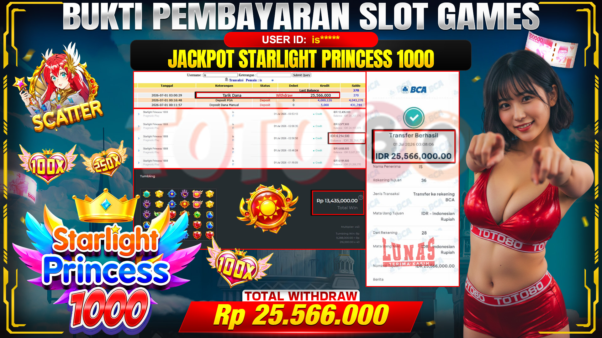 💰🎉 TOTO80 – JACKPOT SLOT STARLIGHT PRINCESS 1000 RP. 25,566,000,- TELAH DIBAYARKAN!💰🎉