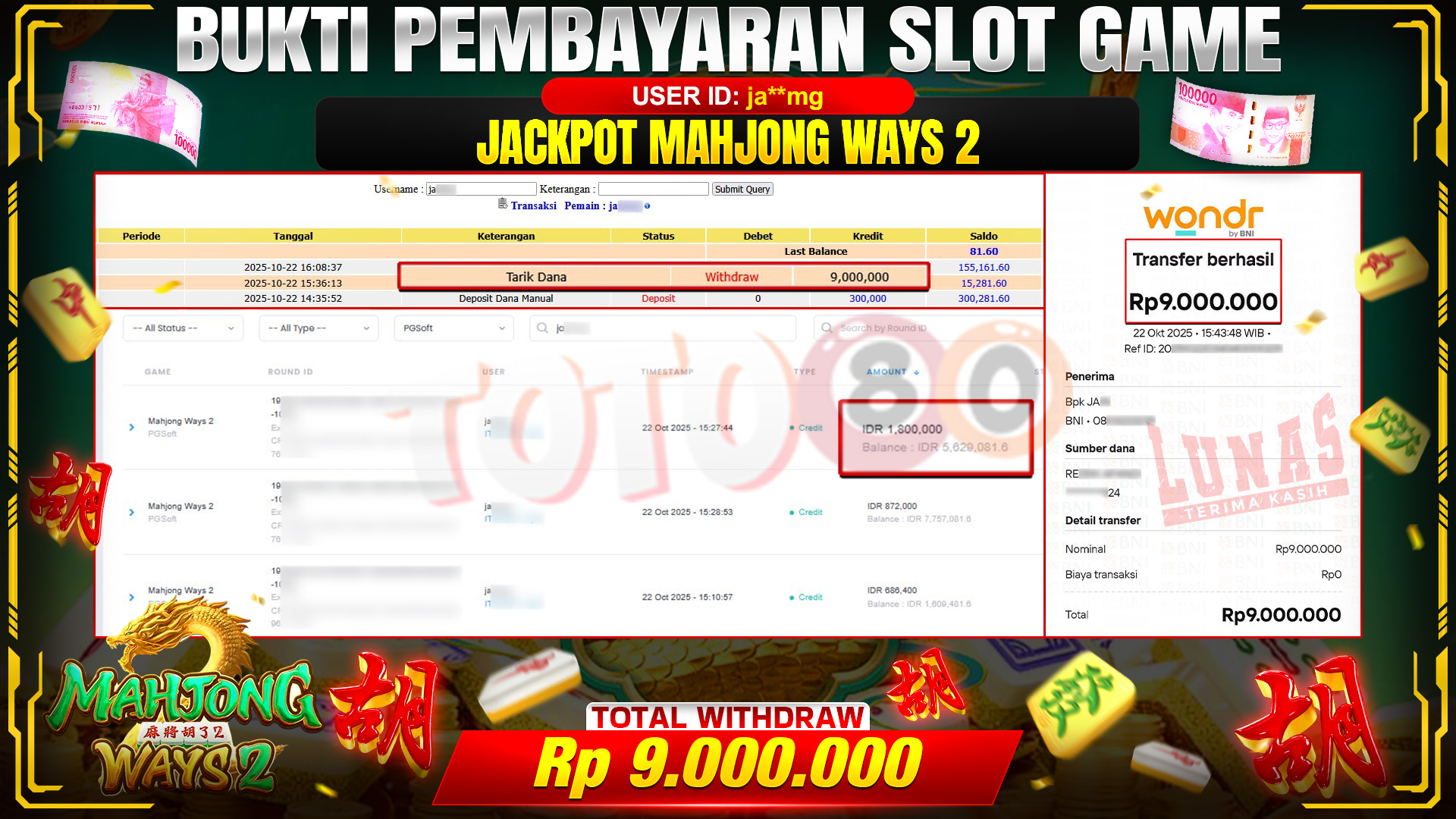 🎉 TOTO80 – JACKPOT SLOT MAHJONG WAYS 2 RP.9.000.000,- TELAH DIBAYARKAN! 🎉