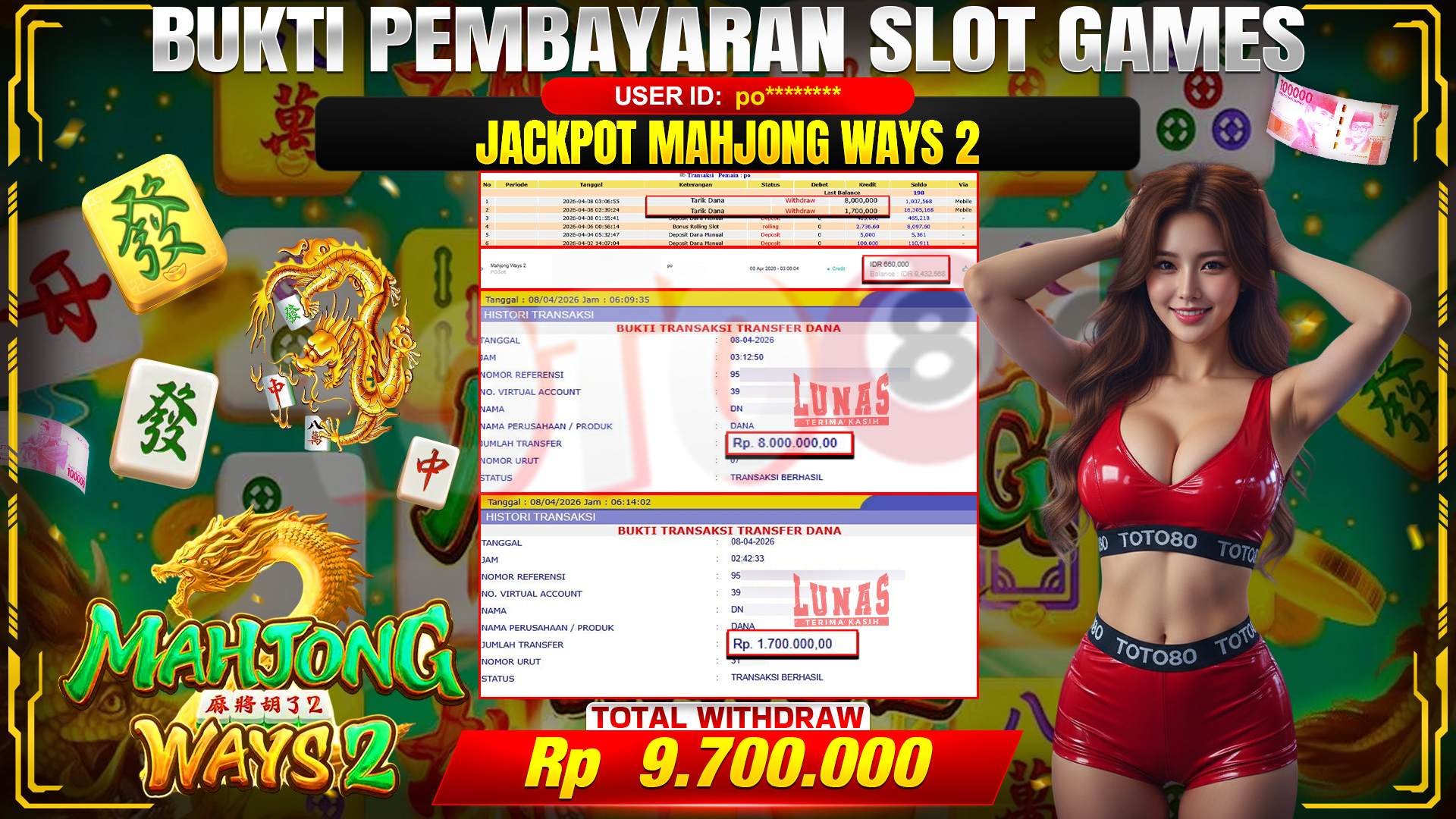 💰🎉 TOTO80 – JACKPOT SLOT MAHJONG WAYS  RP. 9,700,000,-    TELAH DIBAYARKAN!💰🎉