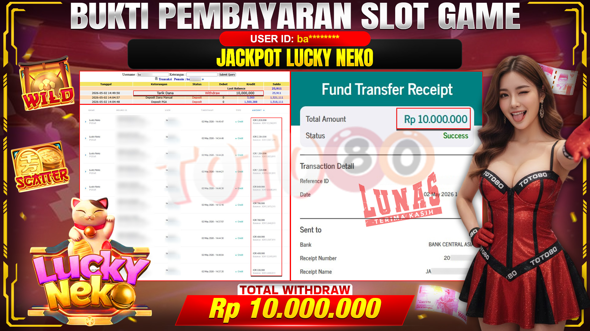 💰🎉  TOTO80 – JACKPOT SLOT LUCKY NEKO RP. 10,000,000,- TELAH DIBAYARKAN! 💰🎉 