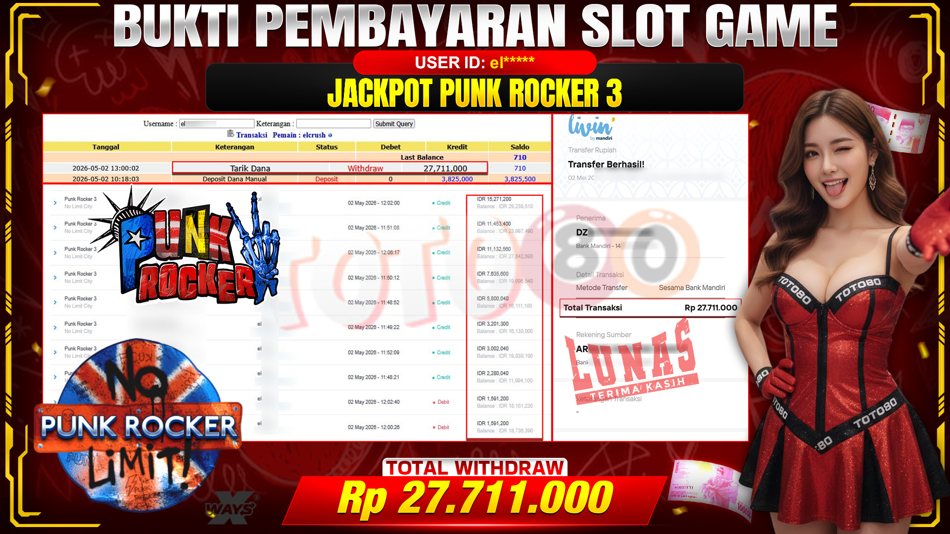 💰🎉  TOTO80 – JACKPOT SLOT PUNK ROCKER 3 RP. 27,711,000,- TELAH DIBAYARKAN! 💰🎉 