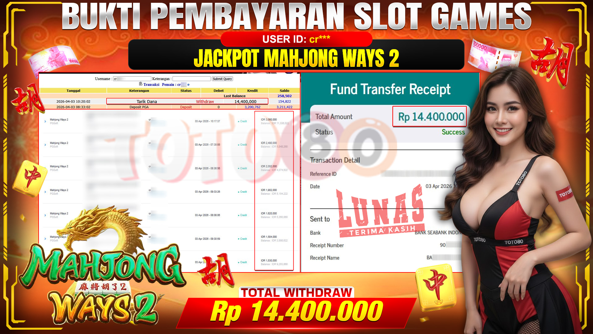 💰🎉 TOTO80 – JACKPOT SLOT MAHJONG WAYS 2 RP. 14,400,000,- TELAH DIBAYARKAN!💰🎉