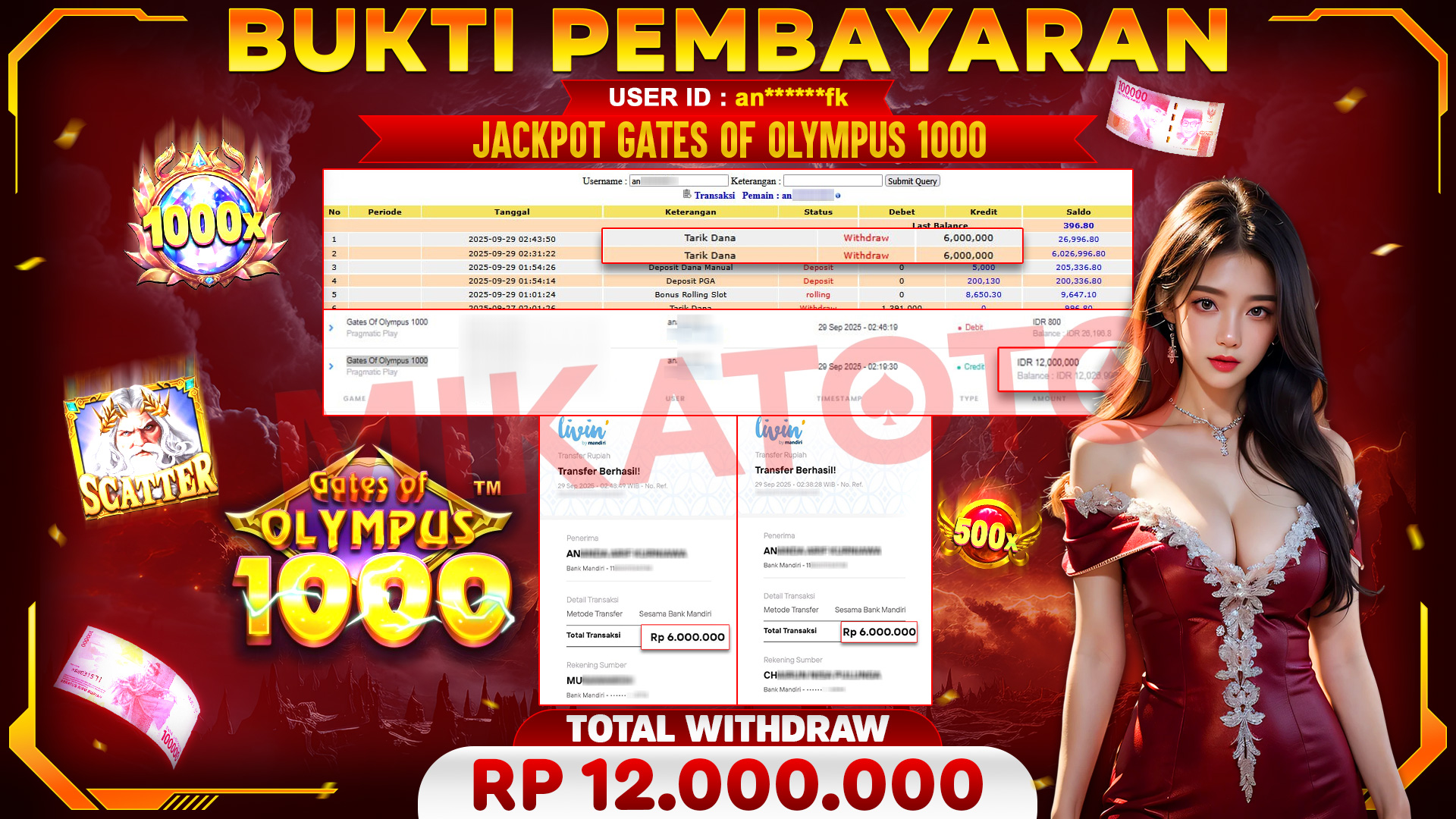 🏆 SELAMAT KEPADA PEMENANG JACKPOT DI Gates Of Olympus 1000 - Pragmatic Play 12,000,000🏆