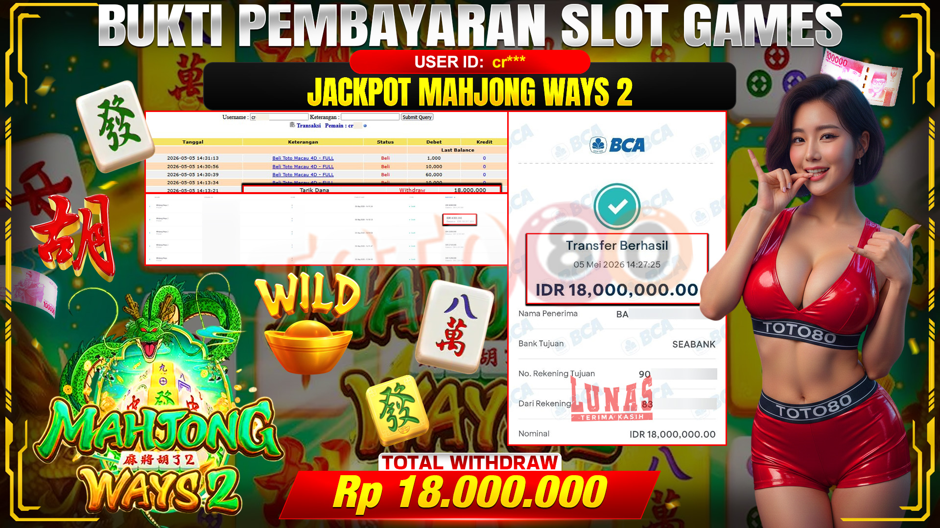 💰🎉 TOTO80 – JACKPOT SLOT MAHJONG WAYS 2 RP. 18,000,000,- TELAH DIBAYARKAN!💰🎉