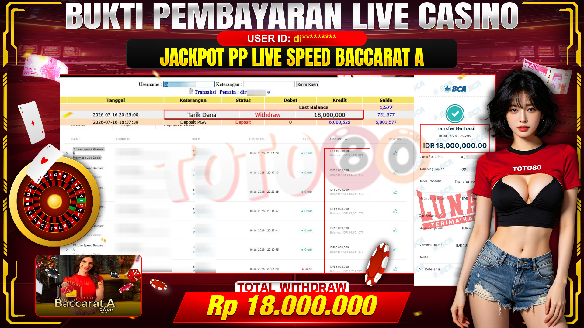 💰🎉 TOTO80 – JACKPOT PP LIVE  BACCARAT A RP. 18,000,000,- TELAH DIBAYARKAN!💰🎉
