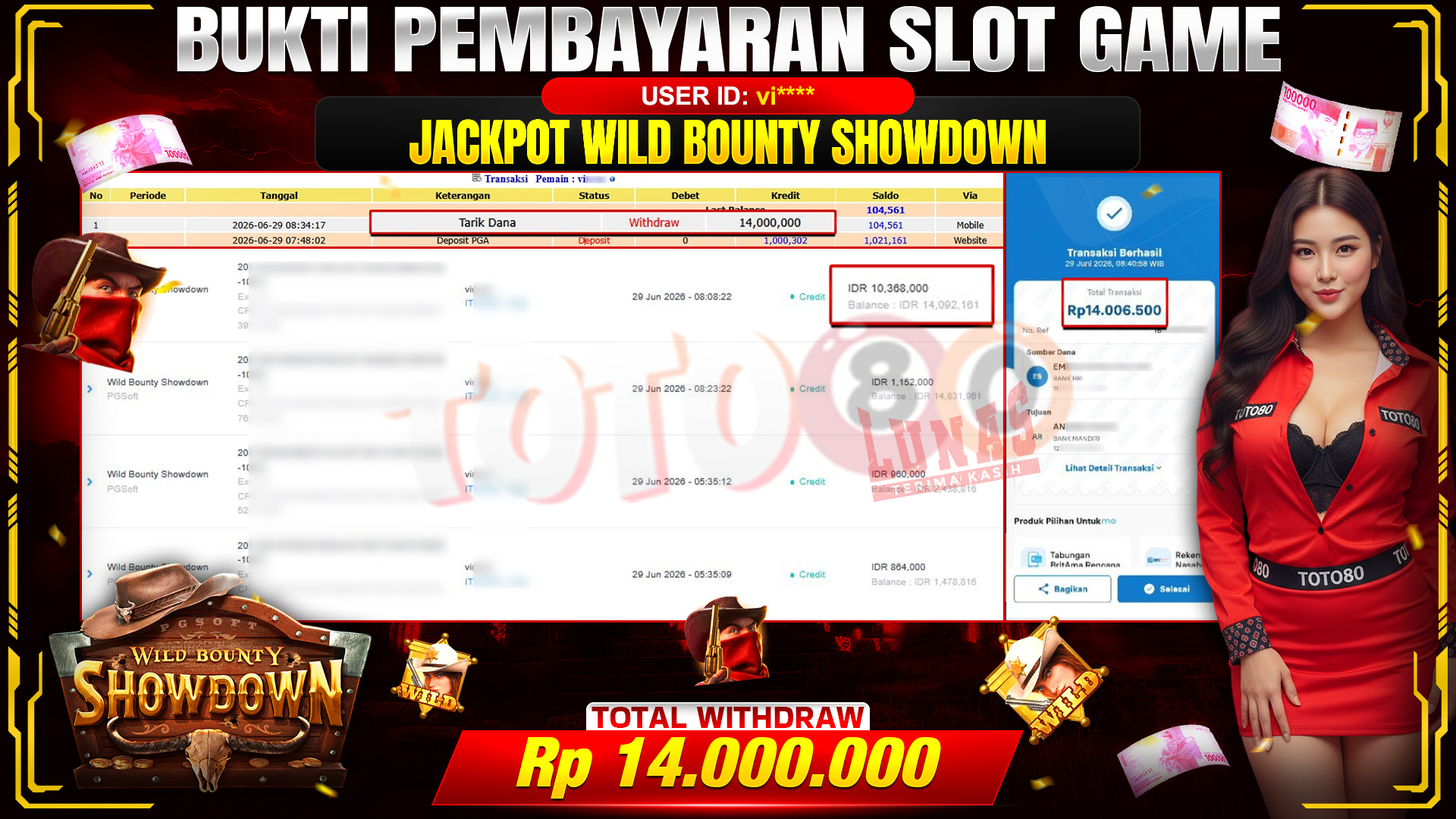 💰🎉 TOTO80 – JACKPOT SLOT WILD BOUNTY SHOWDOWN  RP. 14.000.000,- TELAH DIBAYARKAN!💰🎉