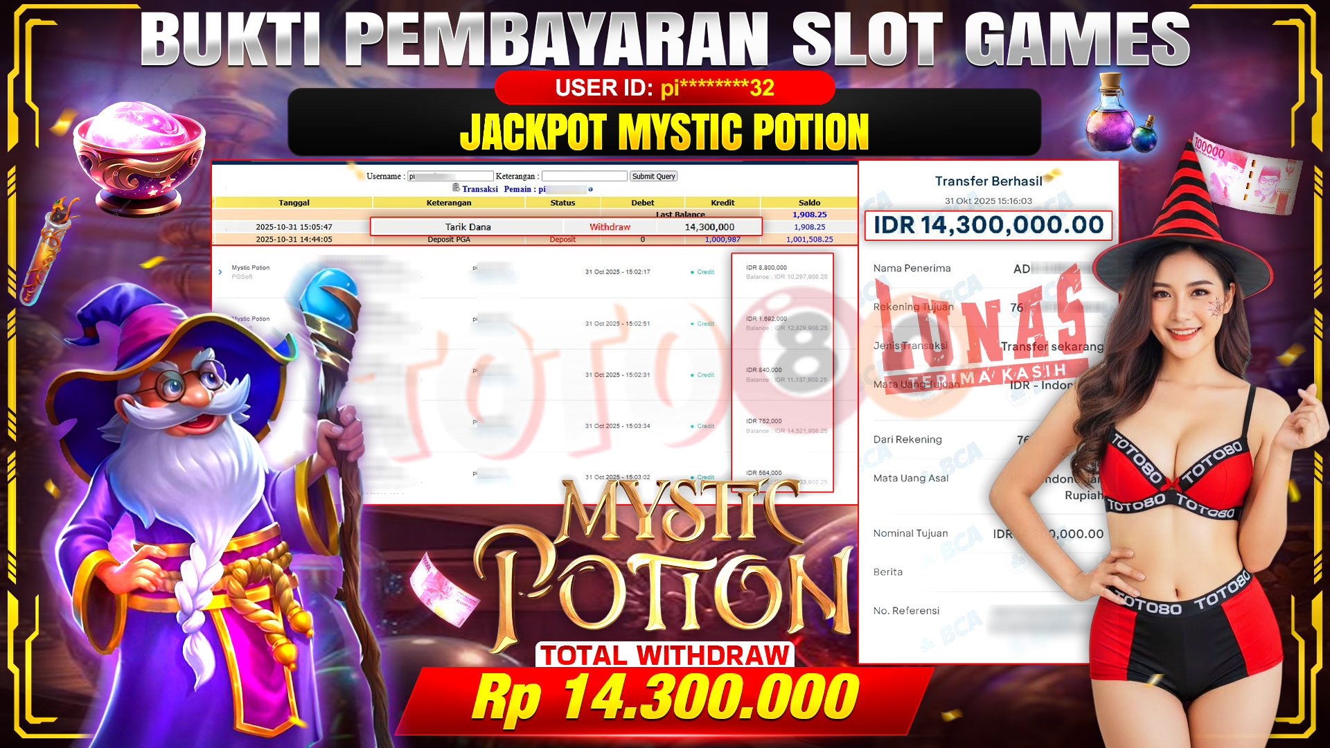 🎉 TOTO80 – JACKPOT SLOT MYSTIC POTION RP.14.300.000,- TELAH DIBAYARKAN! 🎉