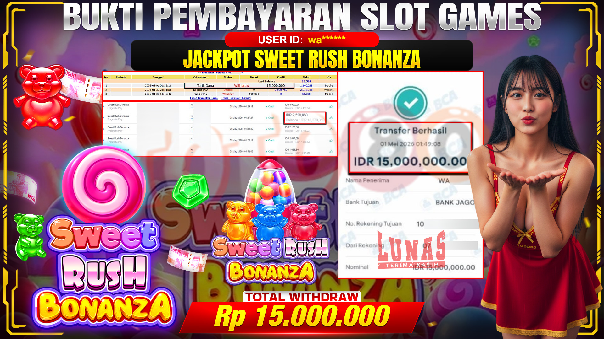 💰🎉 TOTO80 – JACKPOT SLOT SWEET RUSH BONANZA  RP. 15.000.000,-  TELAH DIBAYARKAN!💰🎉