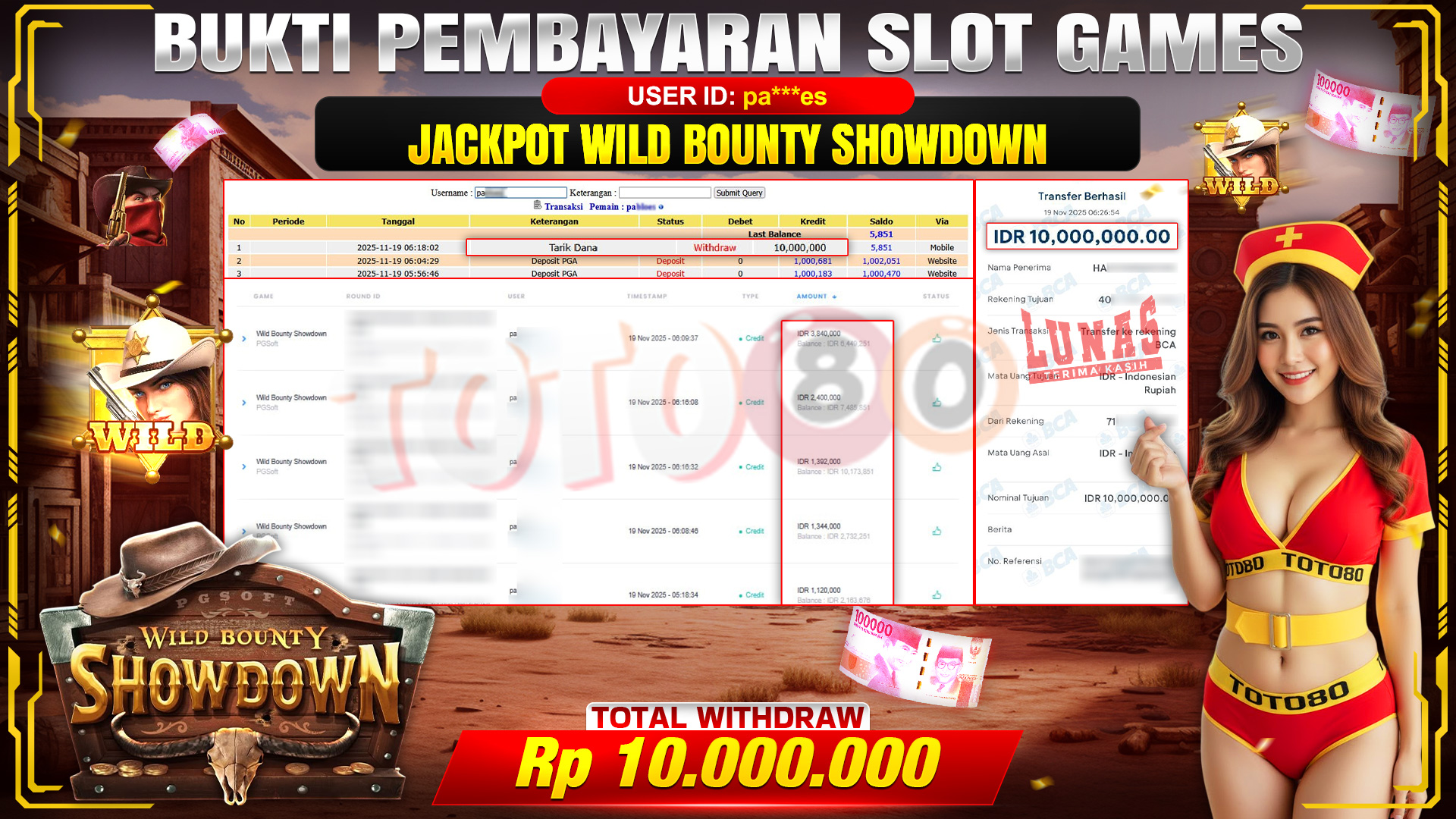 🎉 TOTO80 – JACKPOT SLOT WILD BOUNTY SHOWDOWN RP.10,000,000,- TELAH DIBAYARKAN! 🎉
