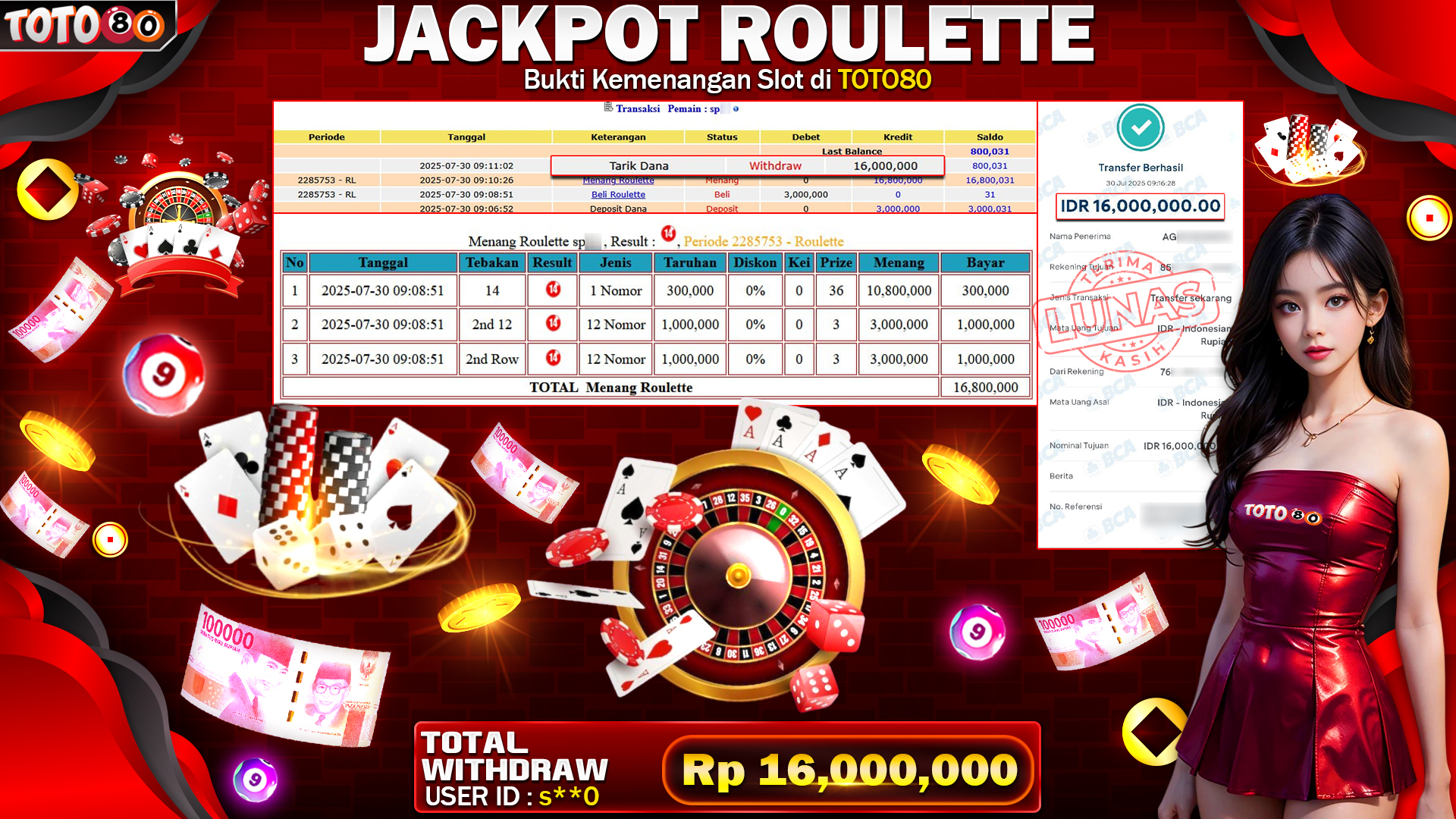 🎉 TOTO80 – JACKPOT LIVE GAMES ROULETTE RP.16,000,000,- TELAH DIBAYARKAN! 🎉