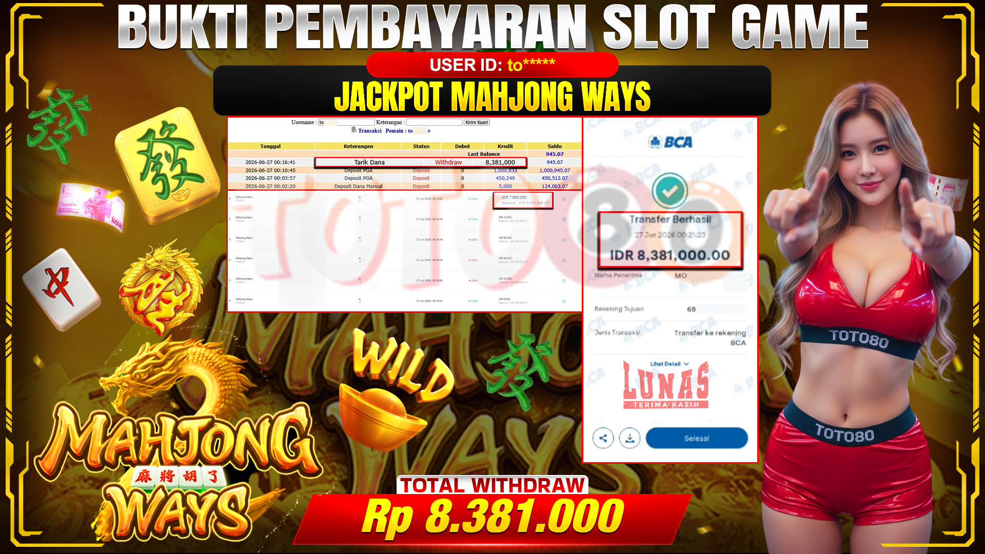 💰🎉 TOTO80 – JACKPOT SLOT MAHJONG  WAYS  RP. 8,381,000,-   TELAH DIBAYARKAN!💰🎉